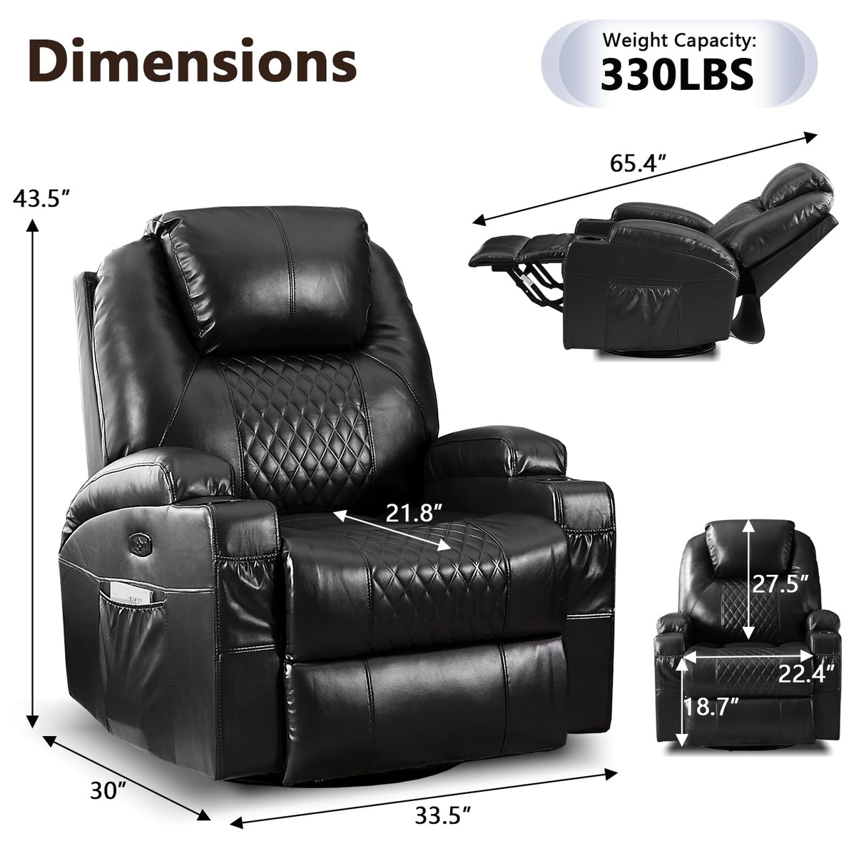 AHMED Power Swivel Rocker Recliner Chair with Massage and Heat, Faux Leather Home Theater Seating with LED Ambient Lighting, Glider Reclining Sofa with Cup Holders for Living Room (Black, Single) AHMED