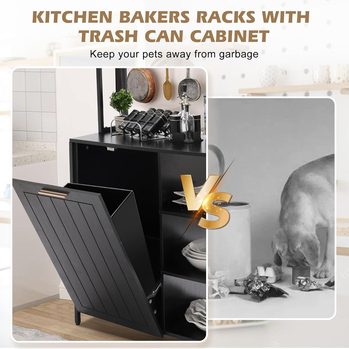 MAGIC UNION Bakers Racks Kitchen Microwave Stand Cabinet with 10 Gallon Trash Can Bin Cabinet and Power Outlet, 6-Tiers Farmhouse Coffee Bar Table Station with 6 Hooks and Storage Shelf, Black (Black) MAGIC UNION