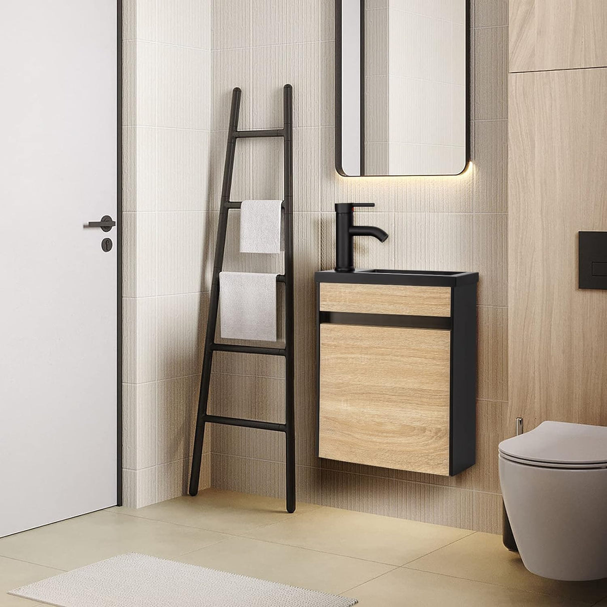 UEV 16" Small Bathroom Vanity Wall Mounted,Black and Natural Mixed Small Bathroom Vanity with Ceramic Sink,Bathroom Vanity and Sink Set with Frosted Black Faucet P-Trap (BN B10-New) UEV