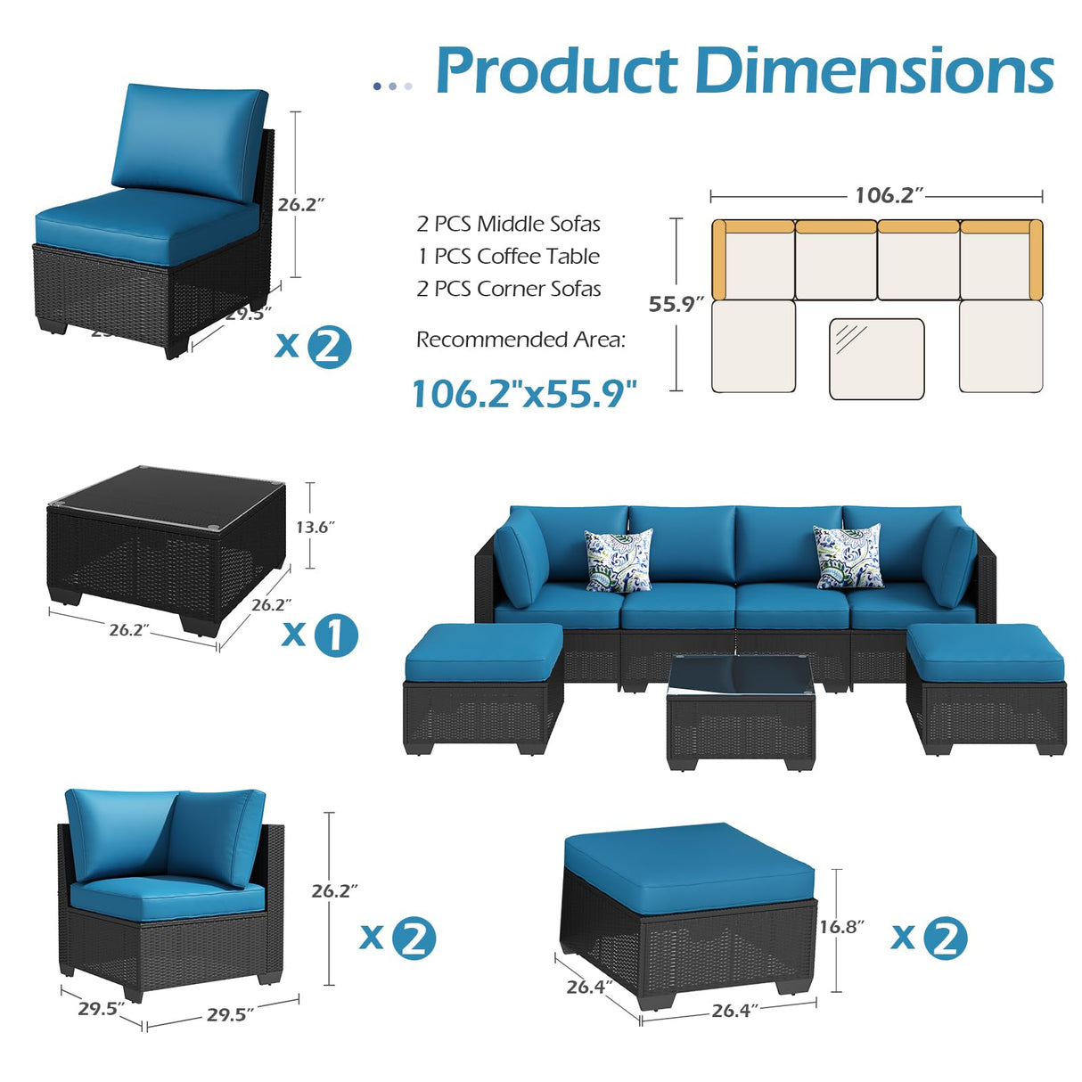 U-MAX 7 Piece Outdoor Patio Furniture Set, PE Rattan Outdoor Wicker Sectional Furniture Chair Set with Cushions and Tea Table, Black Rattan and Peacock Blue Cushion U-MAX