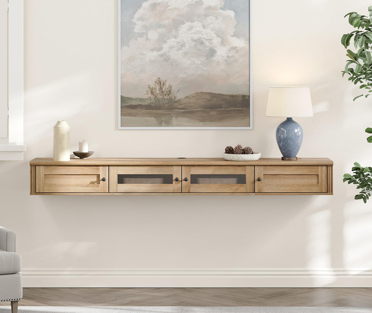 WAMPAT Floating TV Stand for TVs up to 80 Inch, Wooden Floating TV Shelf with Storage Cabinet, Modern Floating TV Shelf Entertainment Center for Living Room, Oak WAMPAT