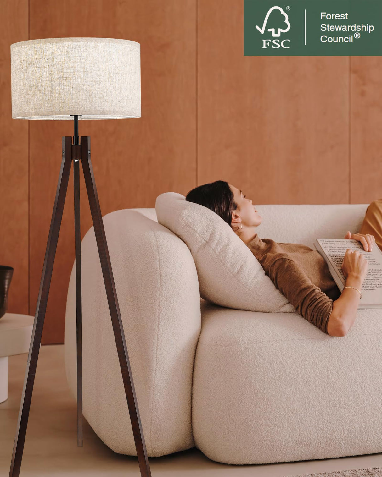 ELYONA Wood Tripod Floor Lamp for Bedroom, 3 Color Temperatures & Linen Shade, Modern Reading Standing Lamp with 9W LED Bulb, Mid Century Night Light for Farmhouse, Living Room, Office, Walnut ELYONA