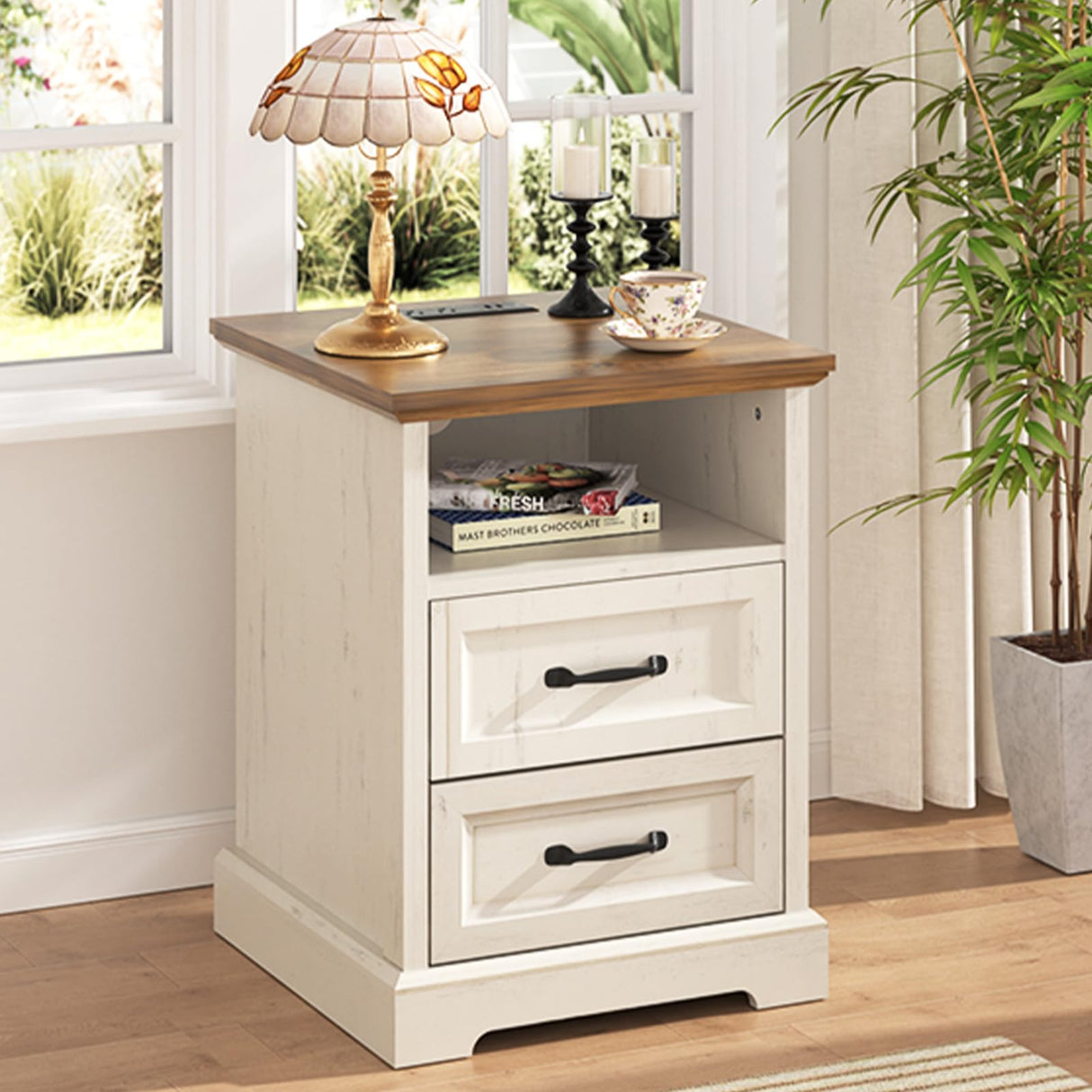 HOMMPA 18'' Farmhouse Nightstand with Charging Station, Bedside Tables with Storage, Bed Side End Table with Open Shelf, 2 Drawers Wood Night Stand Dresser for Bedroom, Living Room, Rustic White HOMMPA
