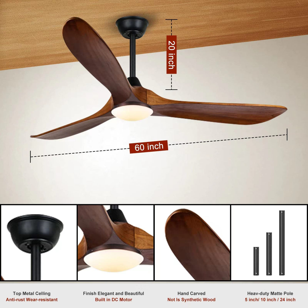 Farmhouse Rustic Ceiling Fans with Lights, 60 inch Outdoor Ceiling Fan for Patios with Light, 3 Blades Wood Ceiling Fan Damp Rated Large Airflow Commercial Ceiling Fan for Exterior House Porch Gazebo AUNLPB