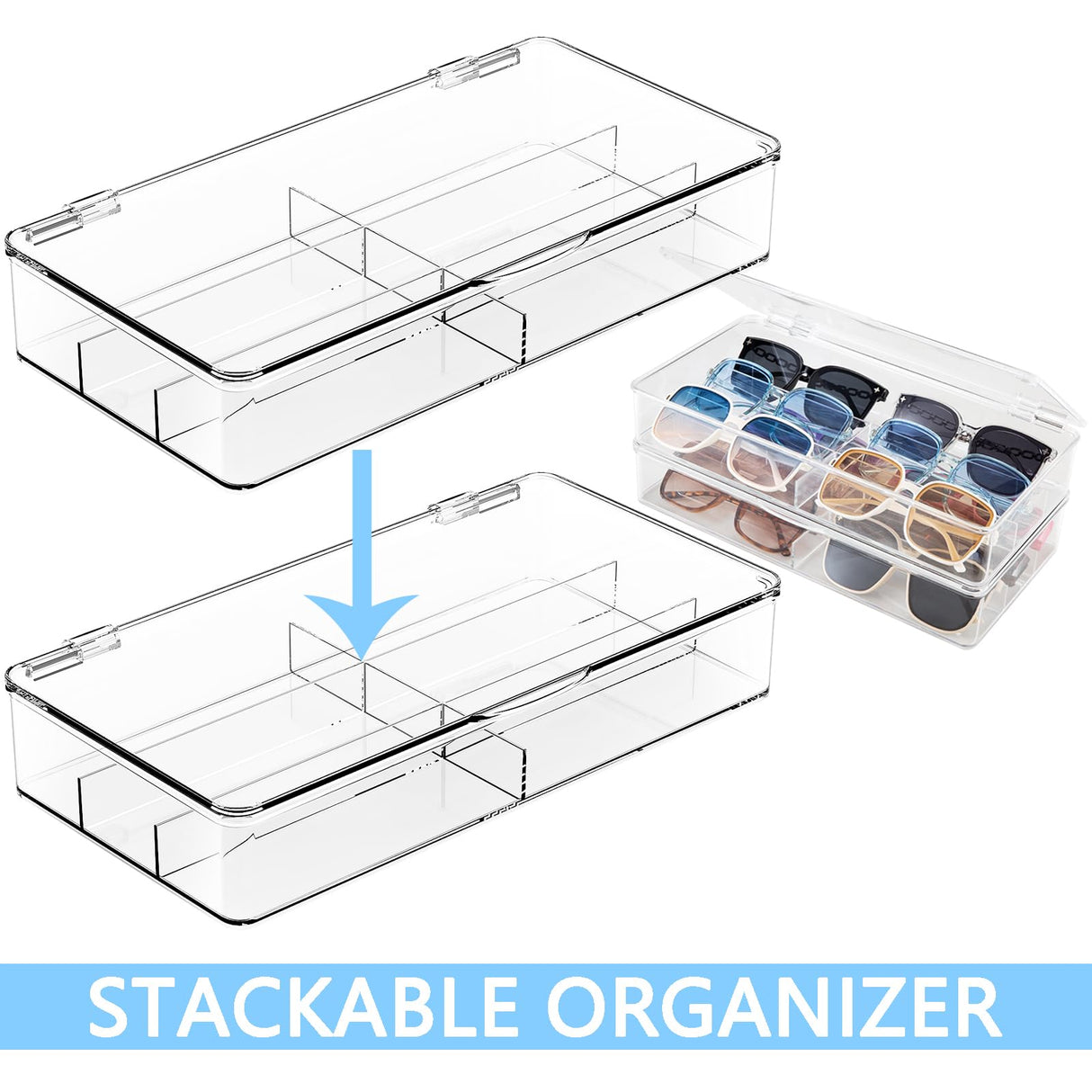 Yiktop Acrylic Eyeglass Organizer, Stackable Sunglasses Case Storage Organizer with Lid - 2 Pack Yiktop
