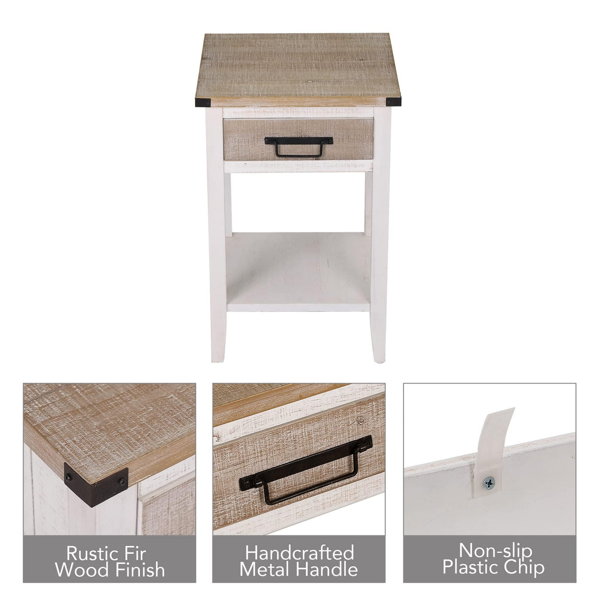 RUSTOWN Farmhouse Bedside Table Set of 2, Rustic Nightstand with Drawers and Open Shelf, Side Table End Tables for Bedroom/Living Room/Lounge (Vintage White) RUSTOWN