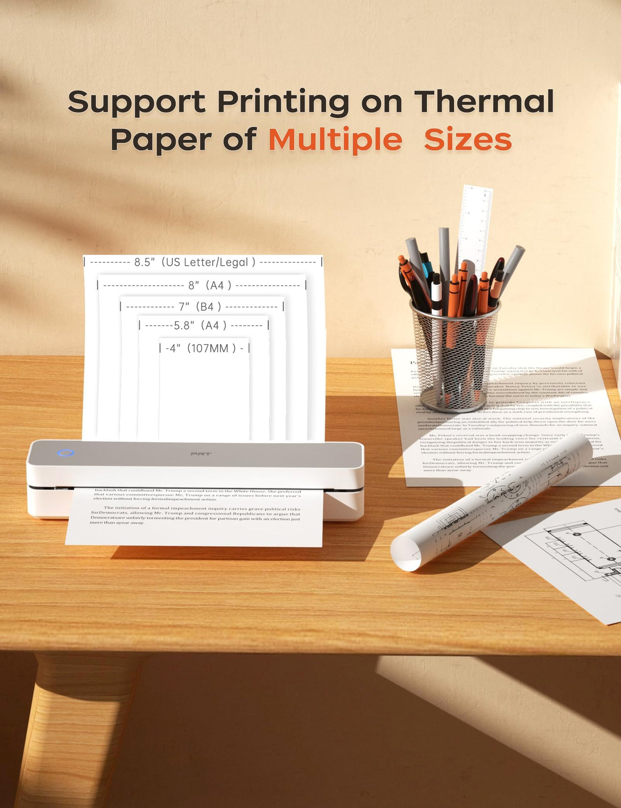 PRT Portable Printer Wireless for Travel, Bluetooth Thermal Printer Support 8.5" X 11" US Letter A4 A5, Compatible with iPhone, Android & Laptop, Inkless Printer for Office, Home, School, White PRT