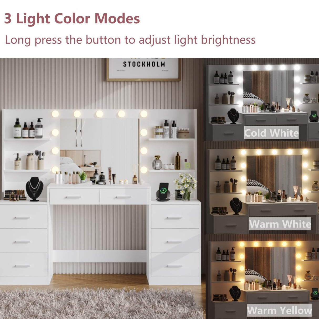 Irontar Makeup Vanity Table with Mirror & Lights, Vanity Desk with Power Strip, Large Drawer & Six Open Storage Dresser, 3 Lighting Modes Adjustable Brightness, Dressing Table, White WDT006W Irontar