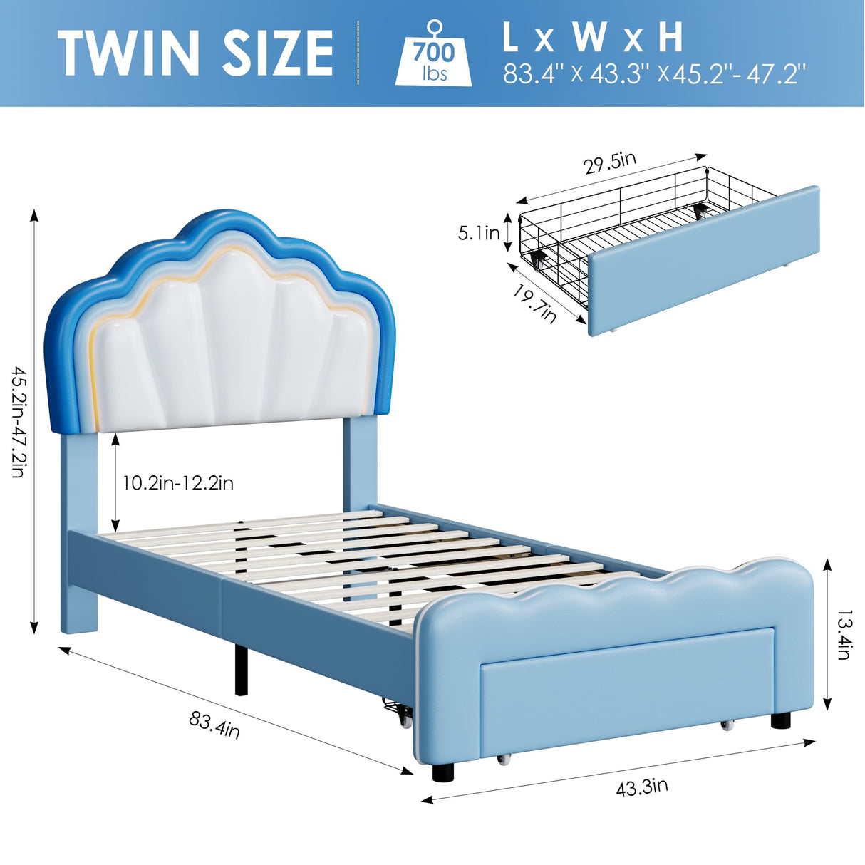 HOSTACK Twin Upholstered LED Bed Frame with Storage Drawers - Stylish Blue/White Platform Bed for Boys with Adjustable Lotus Headboard HOSTACK