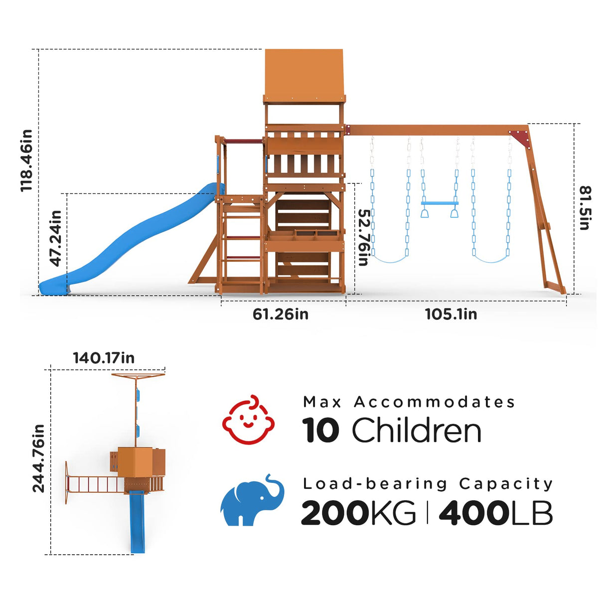 Dolphin Playground Wooden Monkey Bar Sets for Backyard, Swing Sets for Backyard with Outdoor Table, 8FT Wave Slide, and 2 Belt Swings, Multi-Functional Storage Shelf, Outdoor Playset for Kids 3-10 DOLPHIN PLAYGROUND T