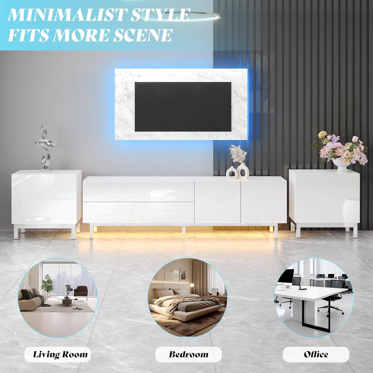 AMERLIFE High Gloss Electroplated Nightstand Set of 2, 24" Modern Minimalist Sofa Side Table with Magnetic Sliding Storage Drawers, Rectangular Simple End Bedside Table for Living Room, White AMERLIFE