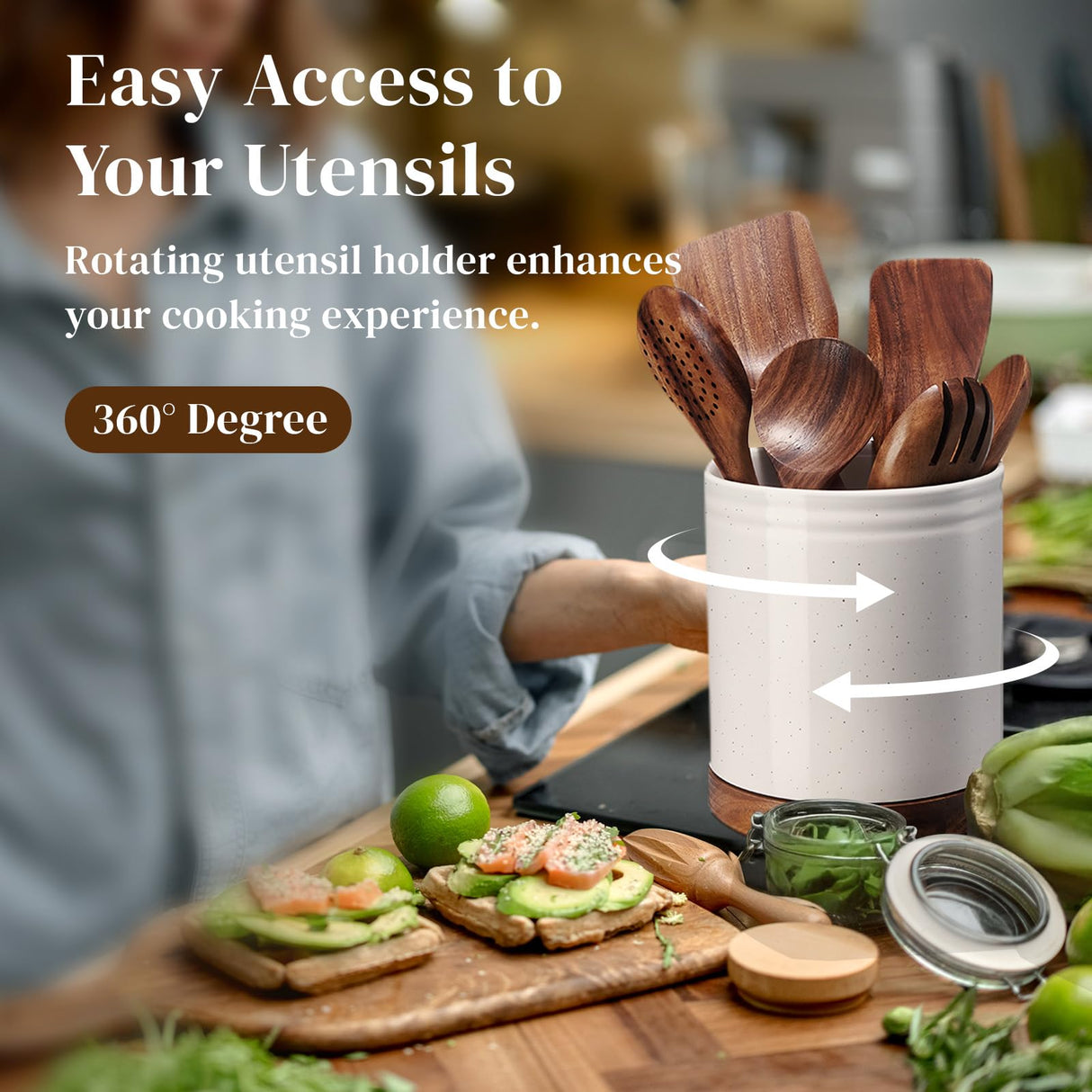 DOWAN 7.6" 360° Rotating Utensil Holder, Cooking Utensil Holder, Kitchen Utensil Holder for Countertop, Ceramic Utensil Crock, Large Utensil Holder for Kitchen Counter, Protection Cork Bottom, White DOWAN