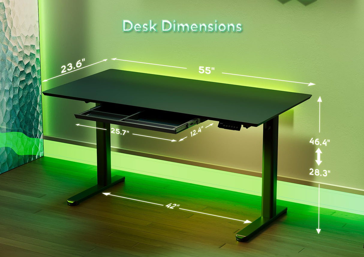 INNOVAR Glass Gaming Desk with Drawers, Electric Standing Desk Adjustable Height, Professional Gaming Glass Surface Improved Precision and Speed, Black 55 inch INNOVAR