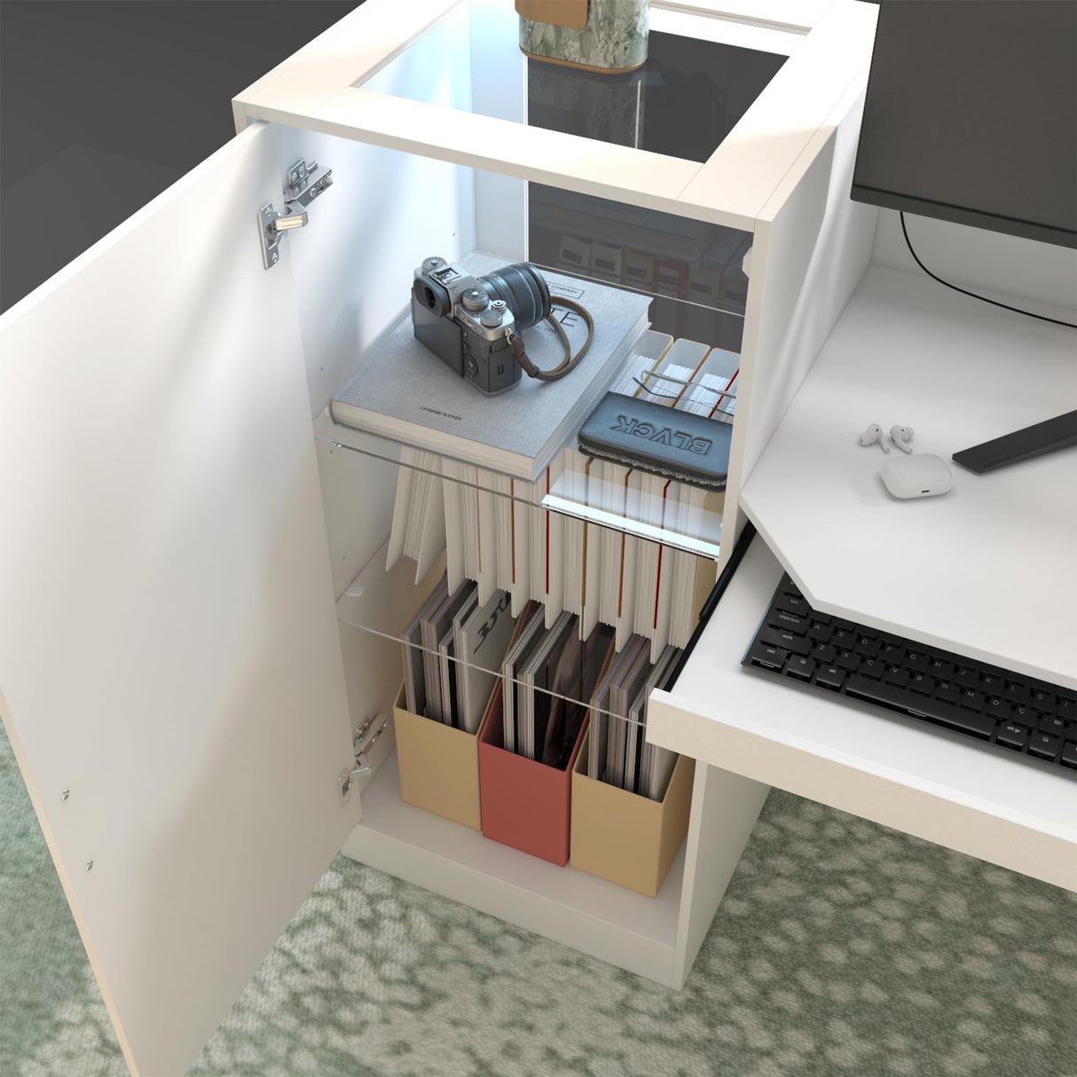 WOODTIME Reception Desk with LED Light & Keyboard Tray, Retail Counter with Cabinet & Glass Adjustable Shelves, Checkout Counter Table for Office Clinic Retail Lobby Salon, White WOODTIME