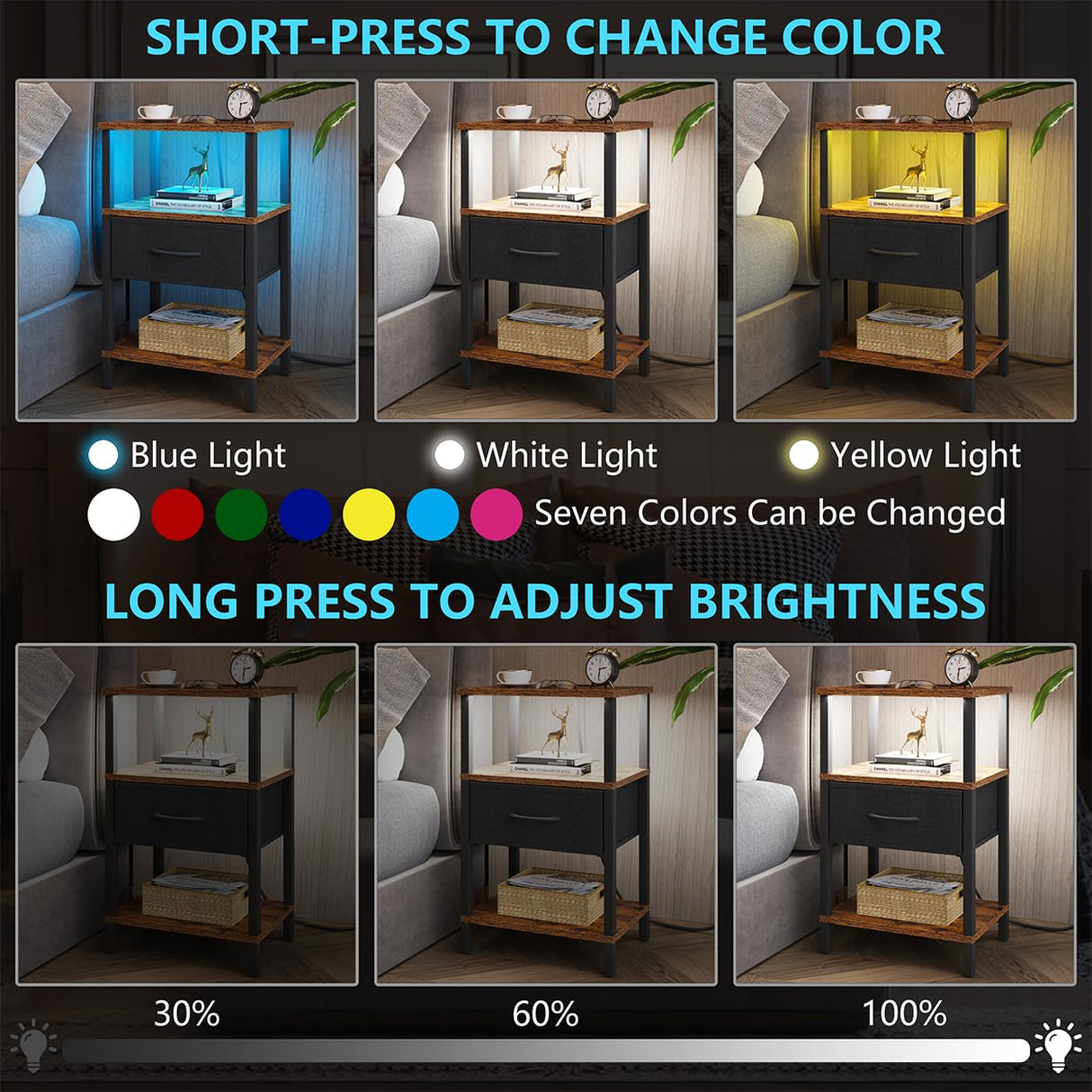 VIMBER Nightstand Set of 2, Adjustable LED Side Table with Charging Station and Fabric Drawer,Beside Table with Open Compartment for Living Room, Easy Assemble, 3 Tier End Table for Bedroom, Brown VIMBER