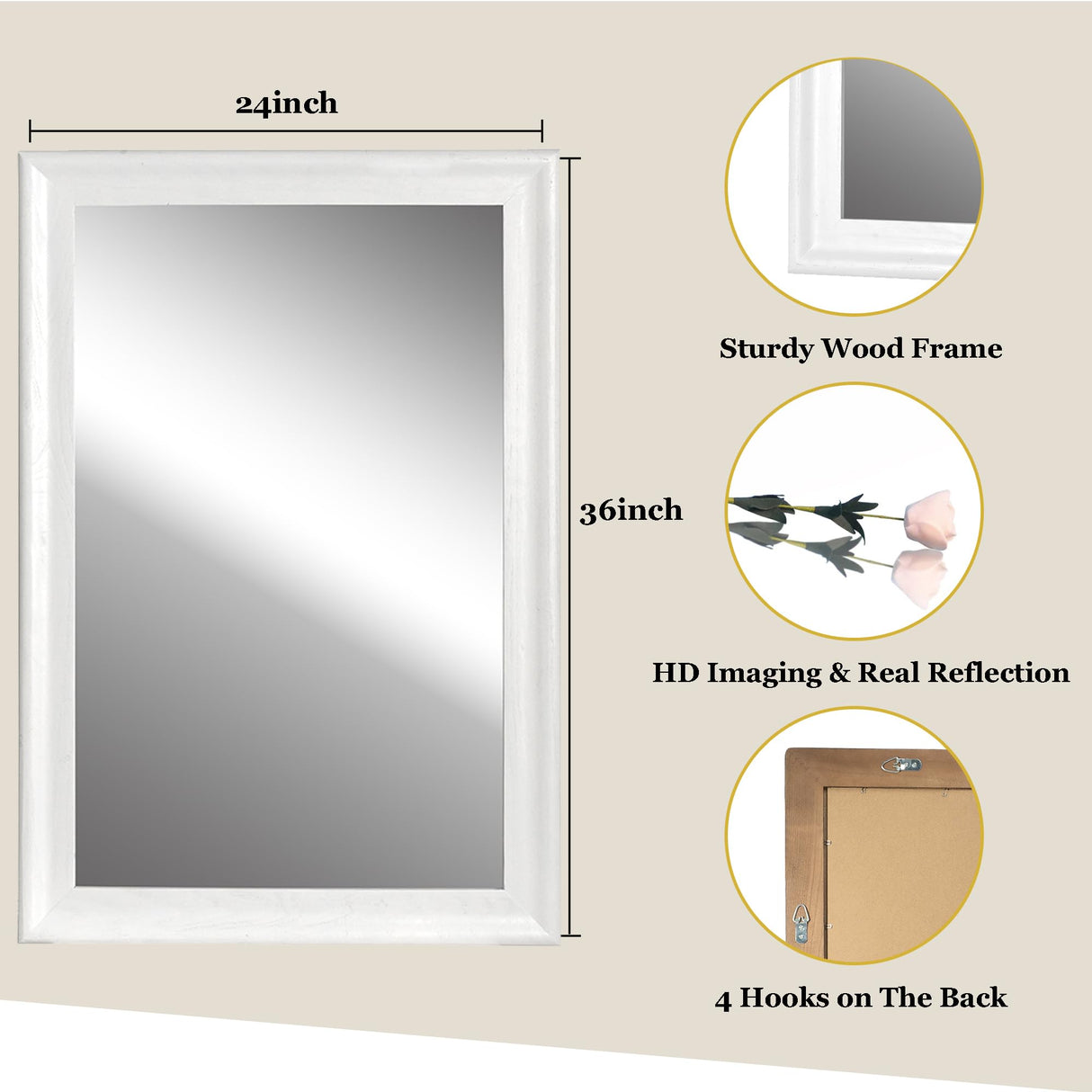 White Wood Mirror for Bathroom,Rectangle Rustic 24 x 36 inch Vanity Mirror for Wall,Wooden Wall-Mounted Hanging Mirror for Entryway,Bedroom or Living Room WIOWUR