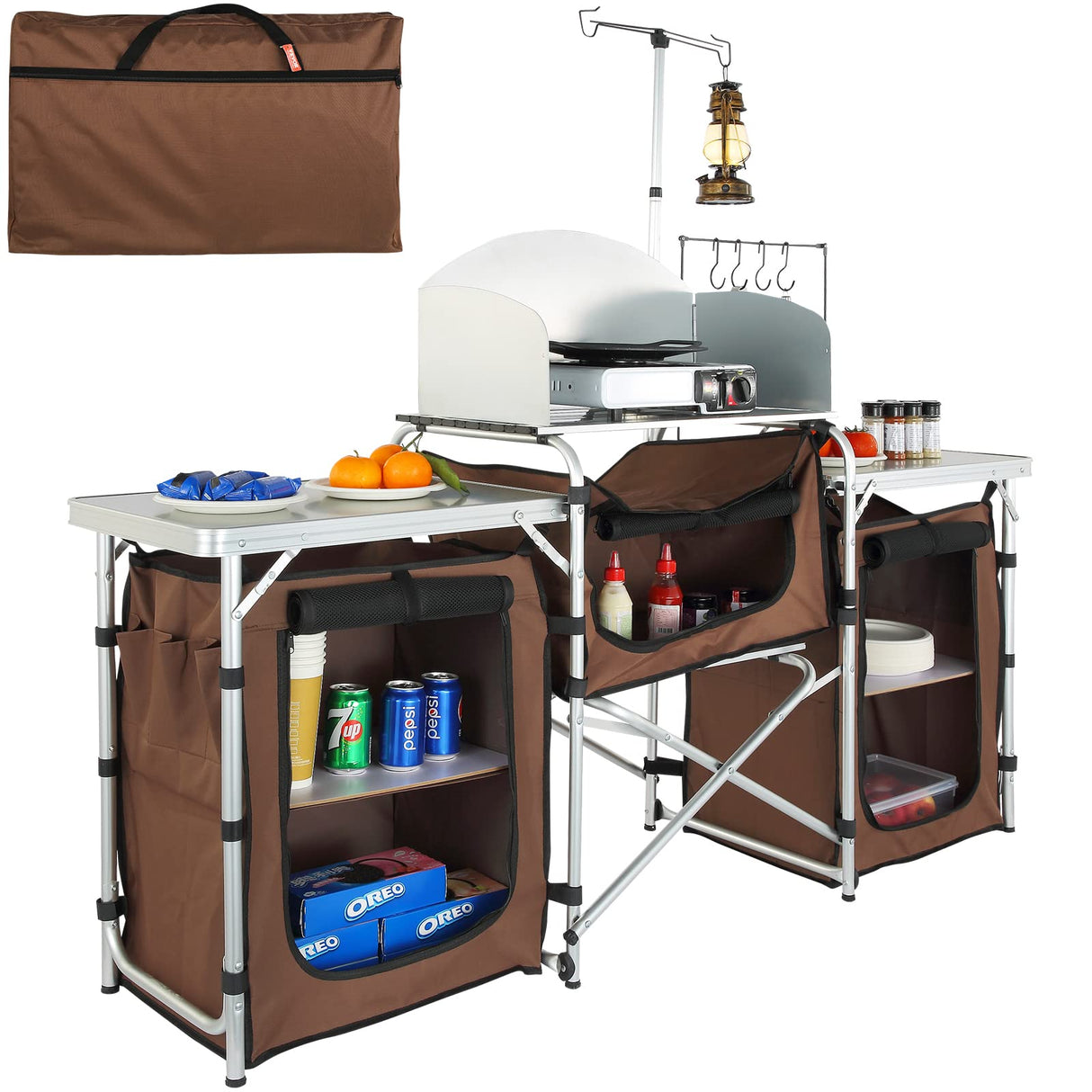 VEVOR Camping Kitchen Table, Folding Outdoor Cooking Table with Storage Carrying Bag, Aluminum Cook Station 3 Cupboard & Detachable Windscreen, Quick Set-up for Picnics, BBQ, RV Traveling, Brown VEVOR