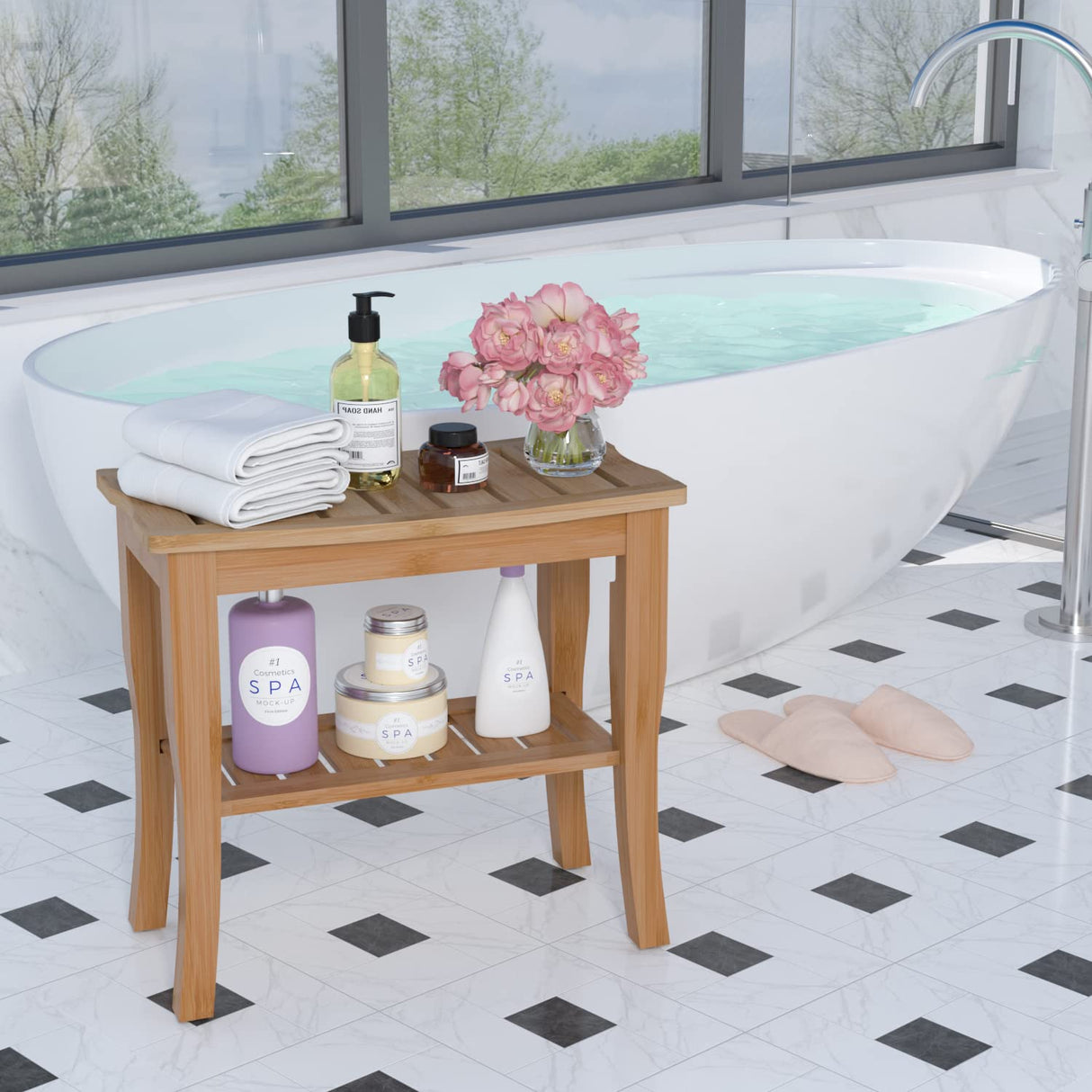 Domax Bamboo Shower Benches for Inside Shower - Bathroom Bench Seat Waterproof Wooden Shower Stool with Storage Shelf for Adults Elderly Seniors Wood Shower Chair for Bathtub or Small Spaces (Walnut) Domax