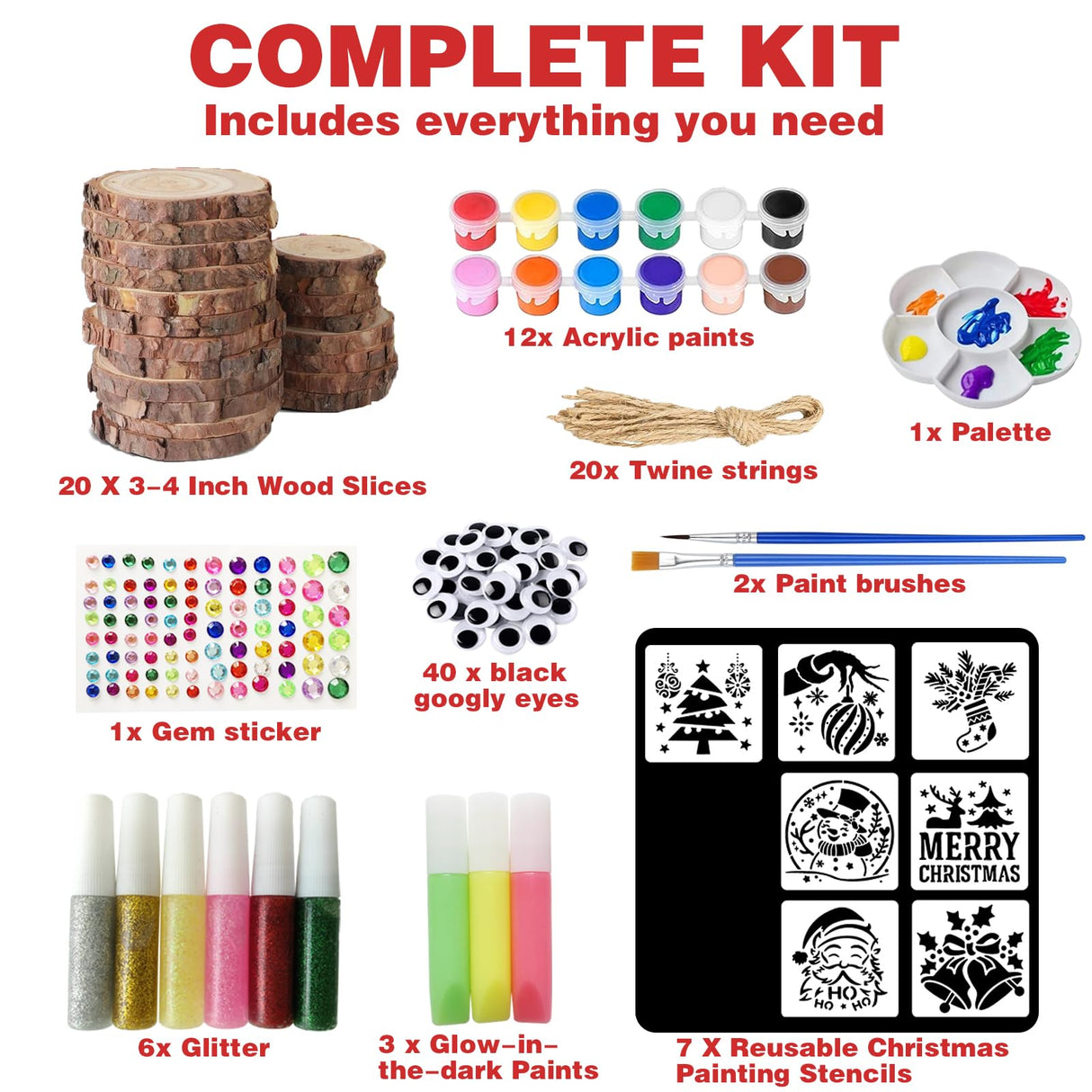 Wood Ornaments for Crafts, 20 Pcs Unfinished Wood Slice Predrilled with Hole Wooden Circles Christmas Craft Kits, Glow in The Dark DIY Ornament Decorating Art Kit with Xmas Painting Stencils Golabarell