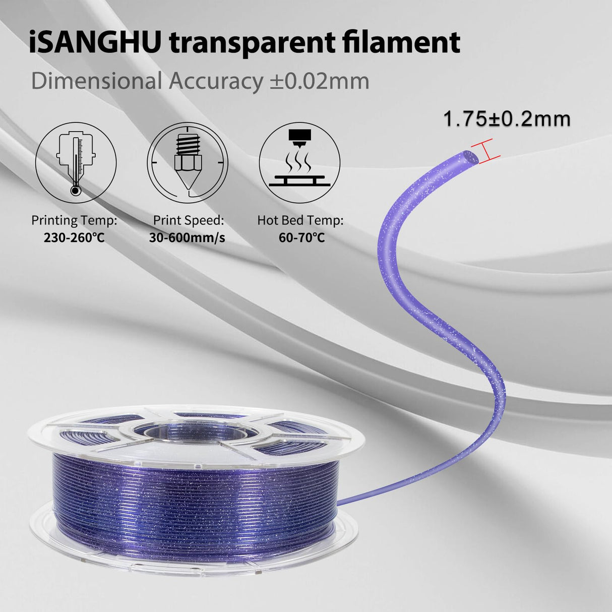 iSANGHU Shiny Clear 3D Printer Filament 1.75mm, High Speed PETG for 30-600mm/s, Blue to Purple Gradient Filament with Sparkling Glitter, Transparent PETG Filament 1kg(2.2lbs) Spool iSANGHU