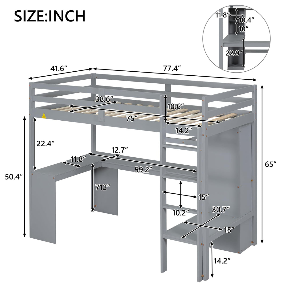Janusline Twin Size Loft Bed Frame with Built-in L Shaped Desk, Wood Loft Bed with Wardrobe and Storage Shelves, Full-Length Guardrail & Ladder, Heavy Duty Lofts Beds for Teens Adults, Grey Janusline