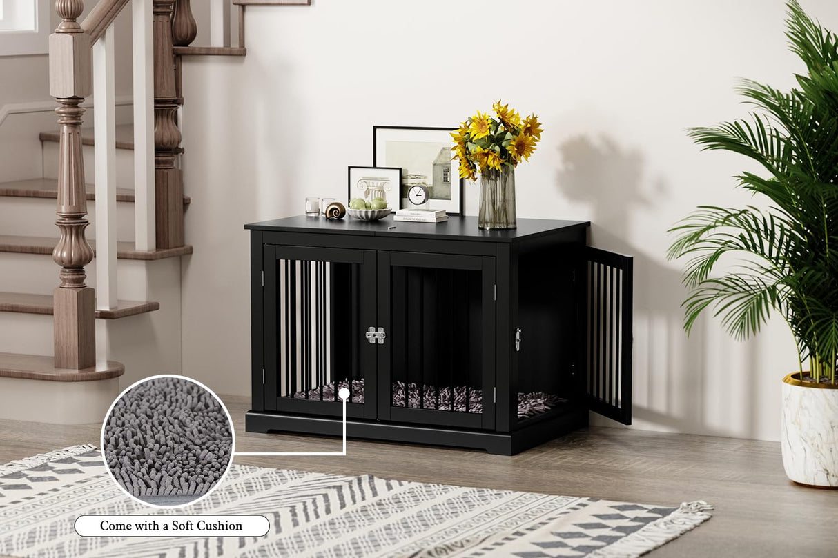 PUPETPO Furniture Style Dog Crate with Cushion, Dog Kennel Medium, Dog Crates, Dog Cage for Small and Medium Dogs, Decorative Dog Kennel with Flip-top Plate, Chew-Proof Metal Bars, Black PUPETPO