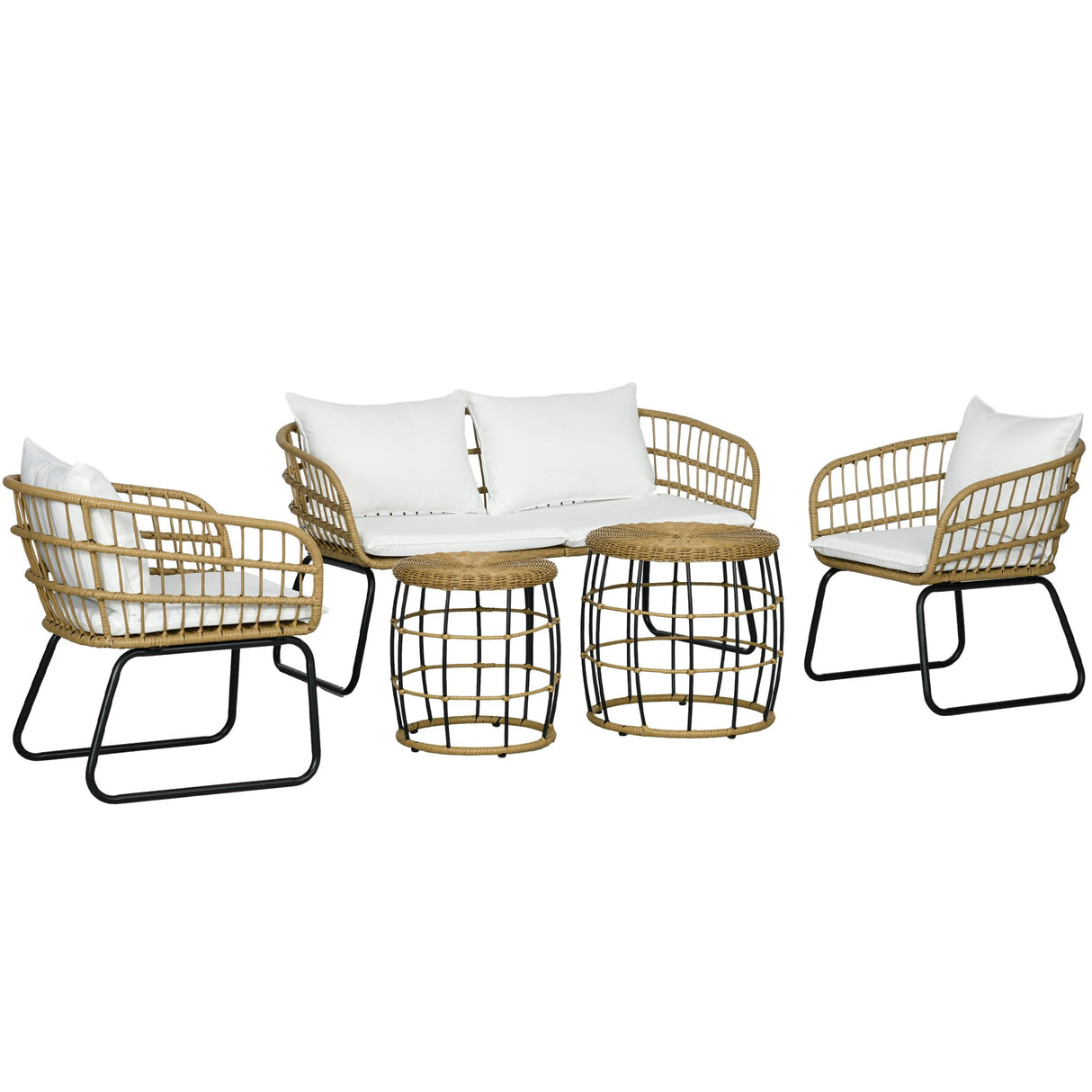 Outsunny 5 Piece PE Rattan Outdoor Furniture Set with Cushioned Chairs & Loveseat Sofa, Patio Sectional Furniture Set, Conversation Sofa Set with Stackable Coffee Tables, Cream White Outsunny