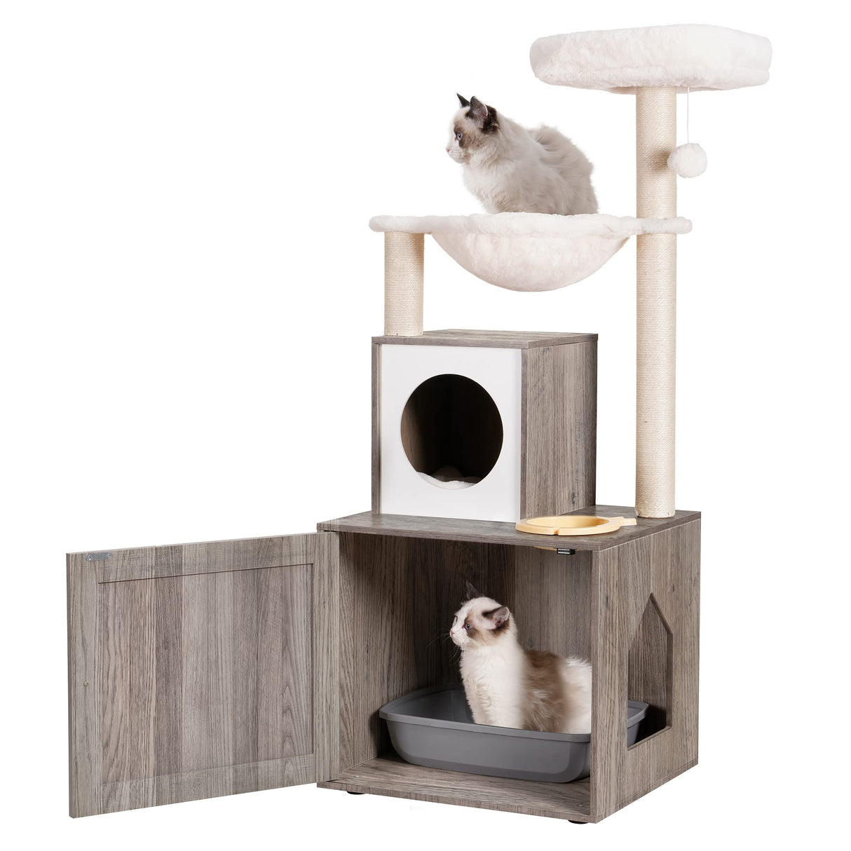 Heybly Cat Tree, Wood Litter Box Enclosure with Food Station, All-in-one Indoor Cat Furniture with Basket and Condo, Modern Style Cat Tower, Hammock, Rustic Gray HCT101SG Heybly
