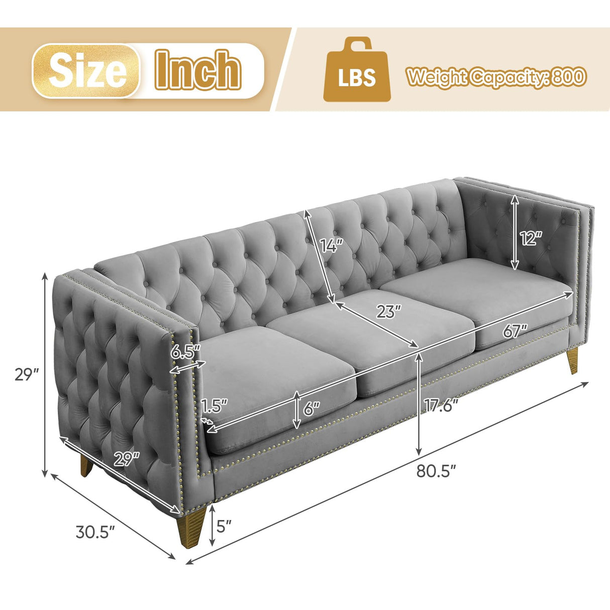 Velvet 3 Seater Sofa Couch, Comfy Couches for Living Room, Modern Sofa with Tufted Back and Rivet Decoration, Upholstered Long Couch with Solid Golden Metal Tapered Legs, Grey KINFFICT