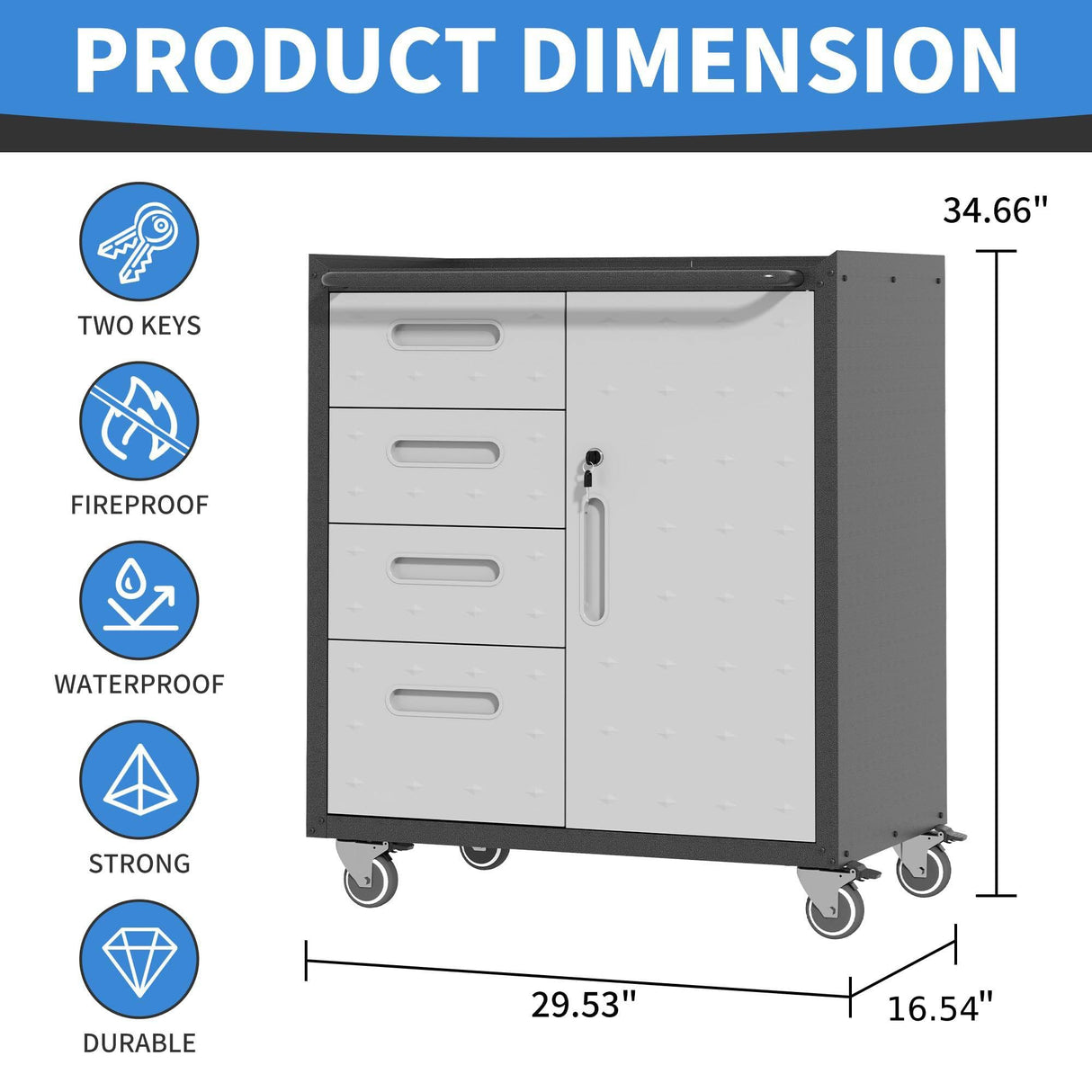 BIZOEIRON Metal Storage Cabinet with Wheels, Rolling Tool Cabinet with Adjustable Shelve, Locking Garage Storage Cabinet with 4 Drawer and 1 Door for Tools, Assembly Required (Black/Grey) BIZOEIRON