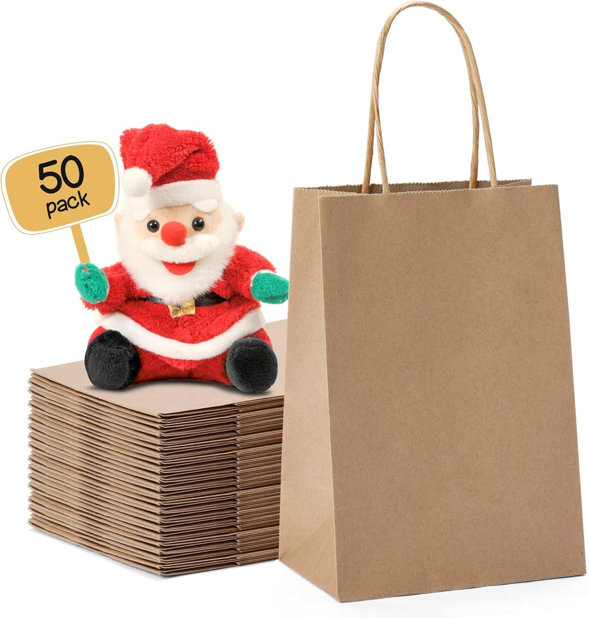 METRONIC Paper Gift Bags 5.25x3.75x8 50Pcs, Christmas Gift Wrap Bags with Handles, Brown Kraft Paper Bag for Small Business, Bulk Party Favors Bag for Birthday, Shopping, Retail, Made in USA METRONIC
