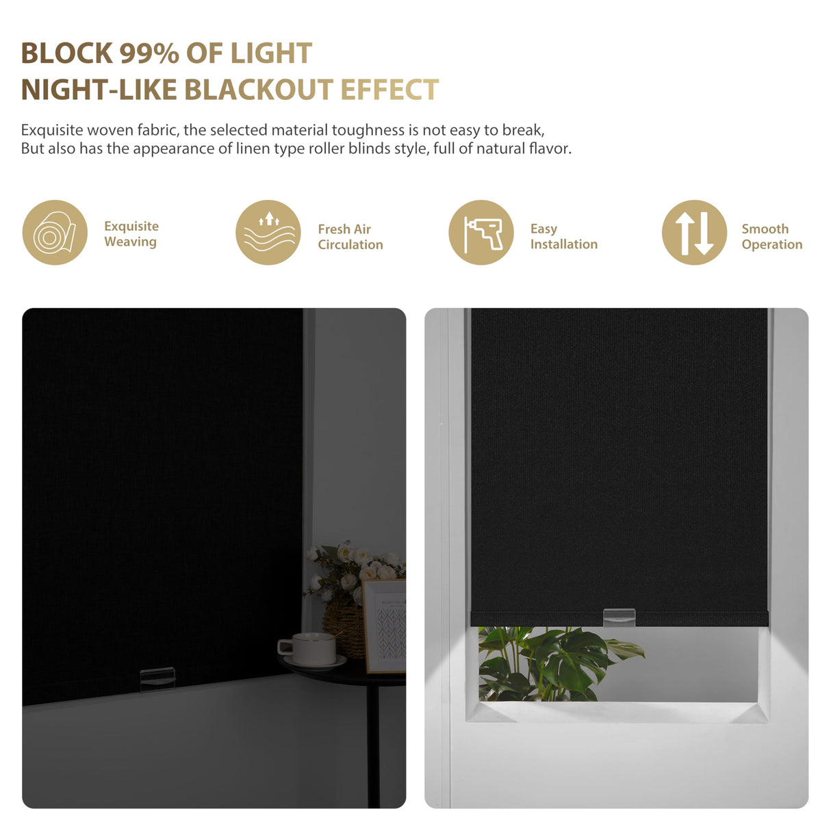 HOTSOON Blackout Linen Roller Shades for Windows Cordless Room Darkening Roller Blind Easy to Install with Cassette Valance Custom Window Shades for Home Office Living Room, Black, Custom Size. HOTSOON