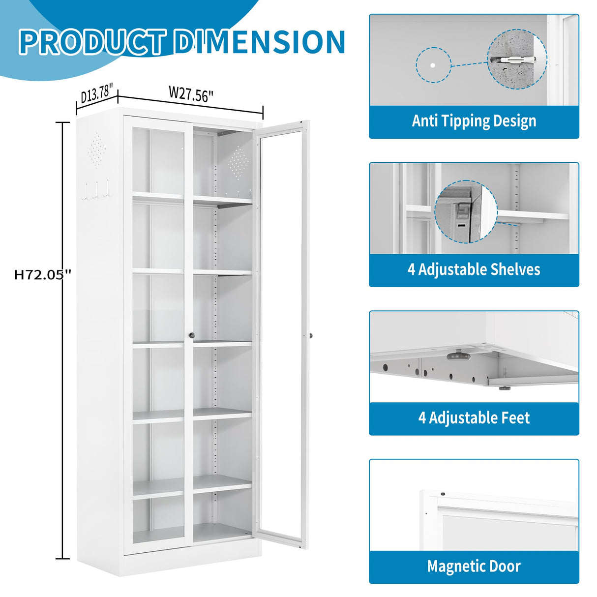 FLIXELIO Display Cabinet with Glass Doors 71" Tall Metal Kitchen Storage Pantry with Adjustable Shelves, Curio Storage Cabinet for Kitchen, Dining Room, Garage, Assembly Required FLIXELIO