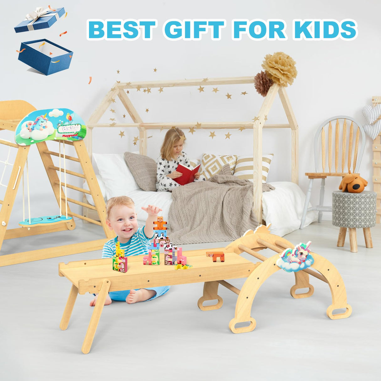 HAFTKD Pikler Triangle Set, 10 in 1 Wooden Climbing Toys for Toddlers, Montessori Indoor Climbing Ladder Gym with Slides, Climbing/Net, Arch Swing HAFTKD