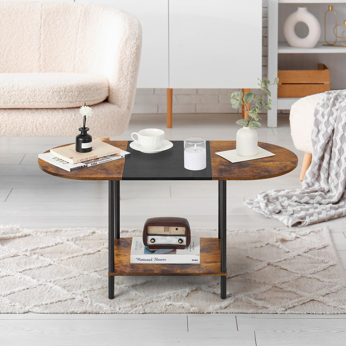 Coffee Tables for Living Room,2-Tier Small Coffee Table Farmhouse Oval Center Table with Storage Shelf and Wood Tabletop,for Small Space,Home Office,Black & Brown Shinoske