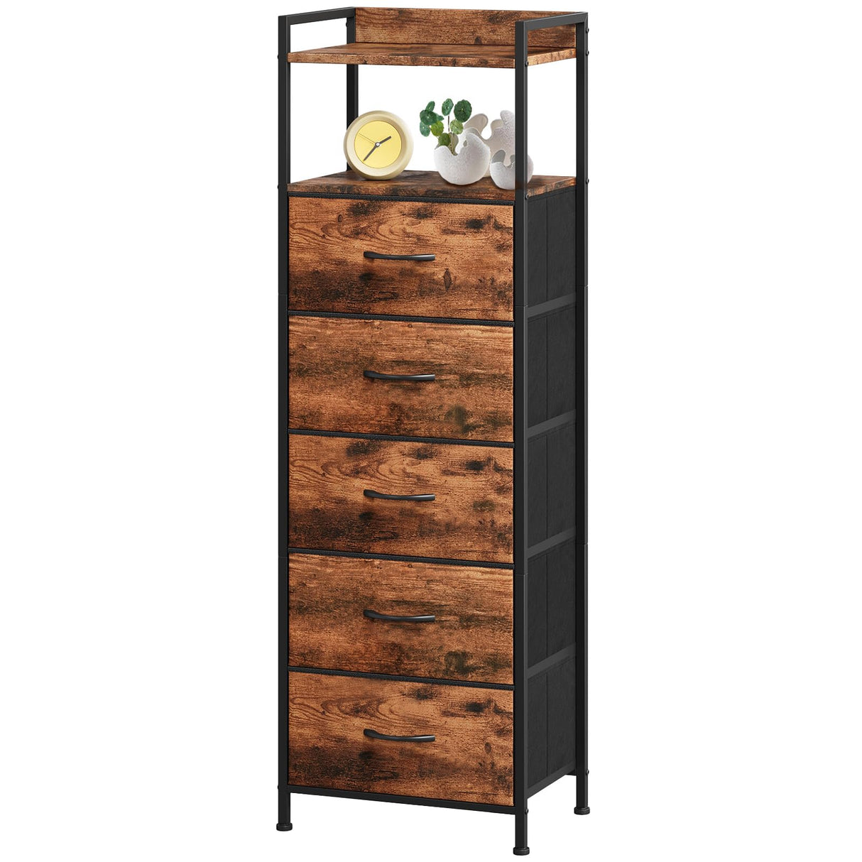 Somdot Tall Night Stand for Bedroom,Tall 5 Drawers Dresser, Vertical Storage Tower Unit, Nightstand Furniture with Fabric Drawer Organizer in Bedside Kids Room, Laundry Entryway, Wood Grain Print Somdot