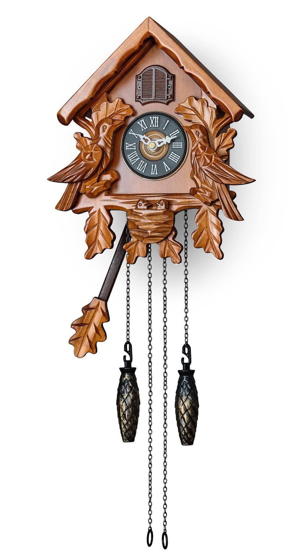 TIMEGEAR Cuckoo Clock with Night Mode, Singing Bird, Wooden Decorations and Swinging Pendulum (Brown) TIMEGEAR