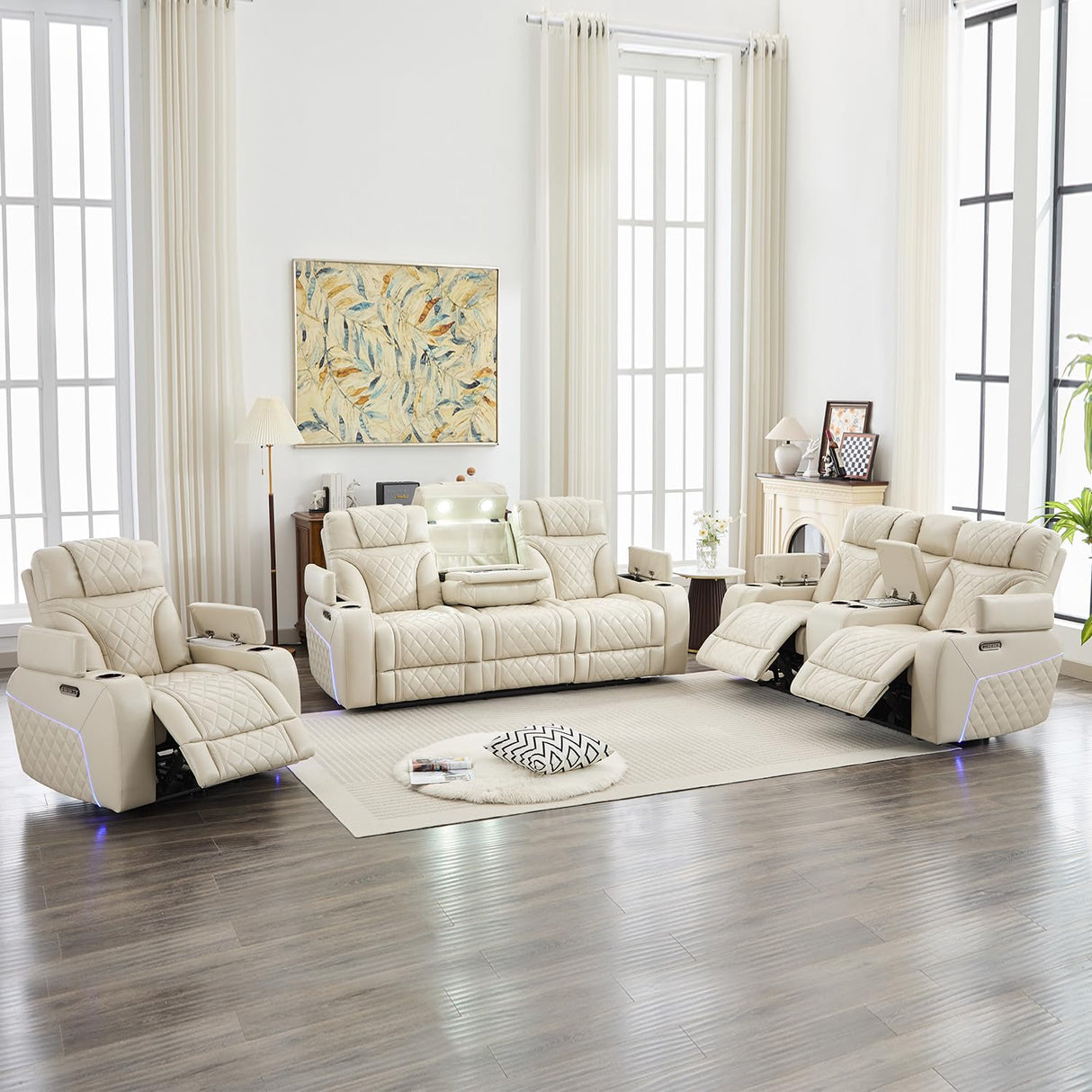 Power Recliner Sofa Set of 3 Pieces with Adjustable Headrest, Wireless Charger for Living Room, Electric Reclining Couch, Faux Leather 3 Seaters and Loveseat and Theater Chair with LED Lights, Beige Comfort Stretch