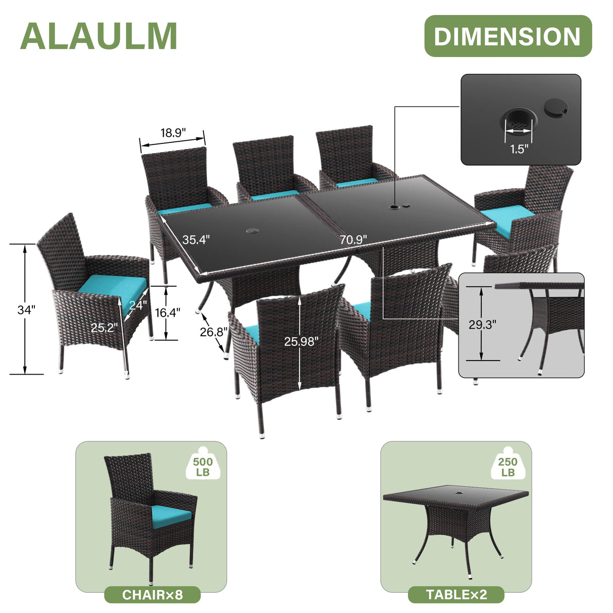 ALAULM 10 Piece Patio Dining Set All-Weather Wicker Outdoor Patio Furniture Set w/Tempered Glass Tabletop, Removable Cushions and Umbrella Hole for Patio, Backyard, Garden, Poolside (Blue) ALAULM
