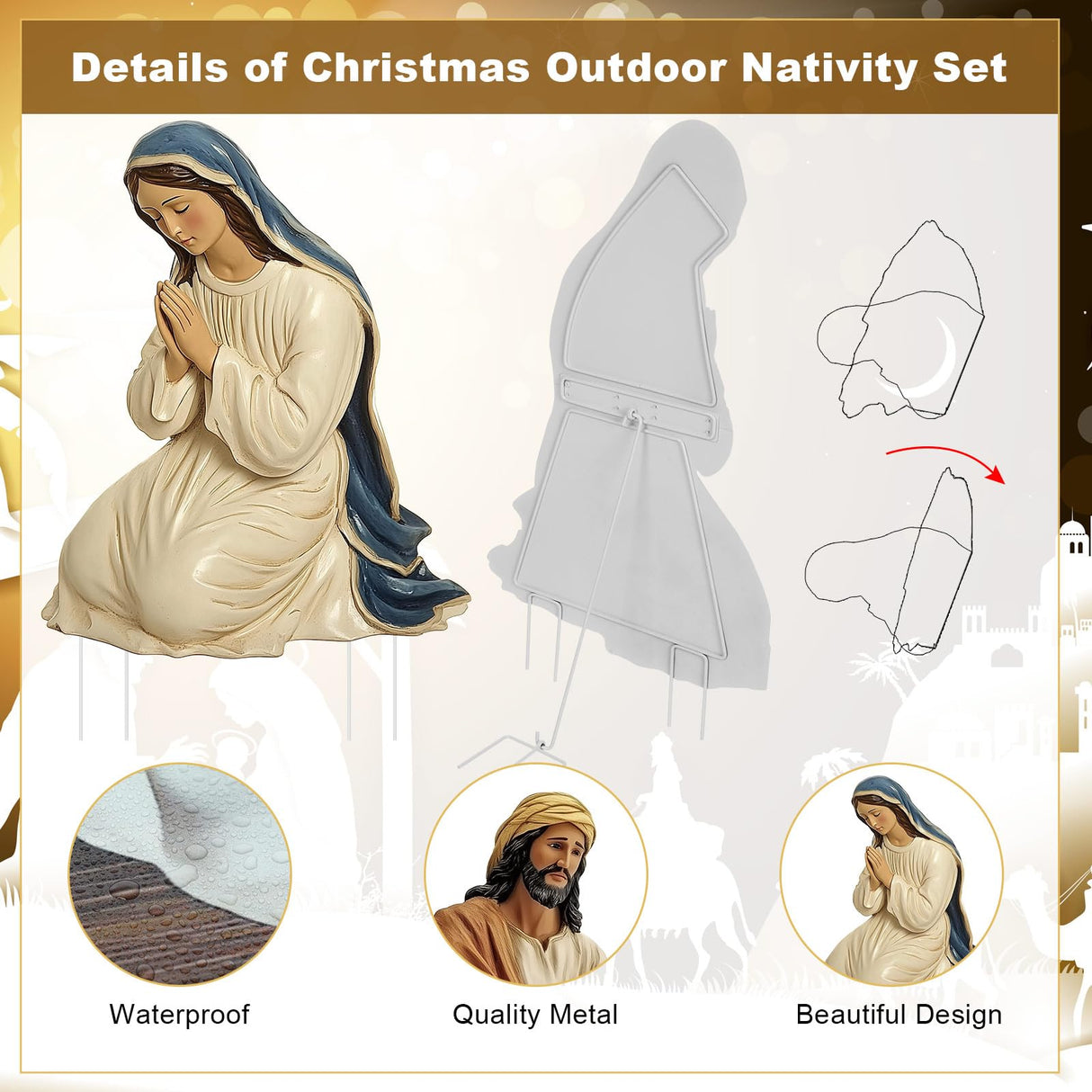 MorningRo 3 Pcs Metal Outdoor Nativity Scene Set Large 48.9" Tall Holy Family Outdoor Decorations with Sturdy Stakes Jesus Joseph Mary Yard Signs for Easter Christmas Holiday Lawn Home Garden Decor MorningRo