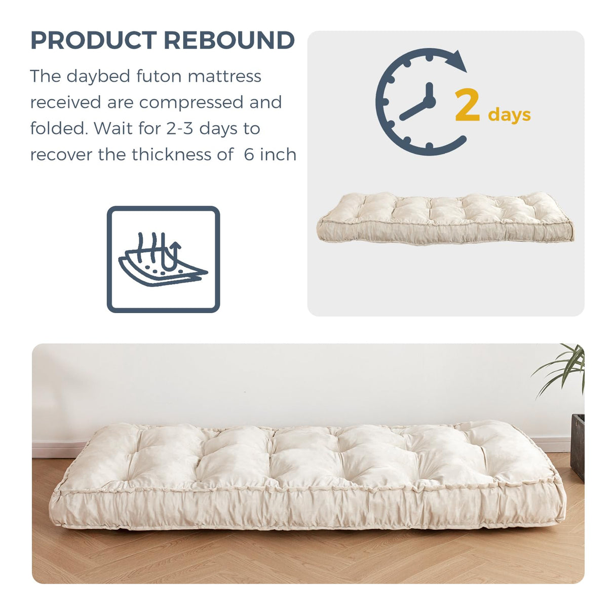 MAXYOYO 6“ Daybed Futon Mattress Window Seat Cushion, Beige, Velvet Thick Floor Futon Mattress, Long Cushion Sleeping Pad for Couch, Portable Roll Up Camping Mattress MAXYOYO