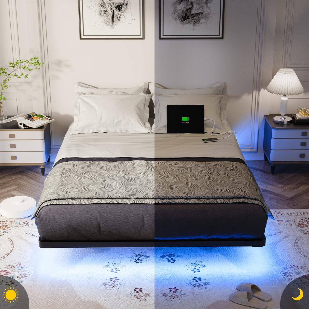OLEVS Floating Bed Frame Full Size with Smart LED Lights and Charging Station - Modern Metal Platform Bed, Easy Assembly No Box Spring Needed OLEVS