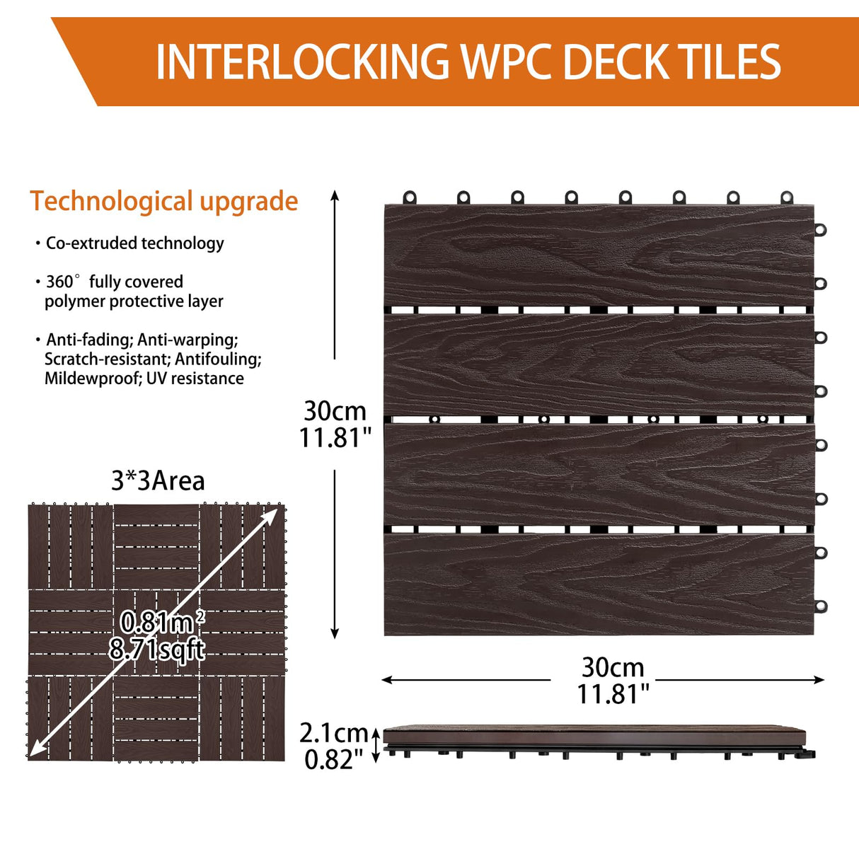 ShunHong Polymer Composite Interlocking Deck Tiles Outdoor,12x12 Composite Decking Boards for All Weather Use,Waterproof, Poolside,Balcony,Patio(9Pcs,Coffee,9 sqft) ShunHong