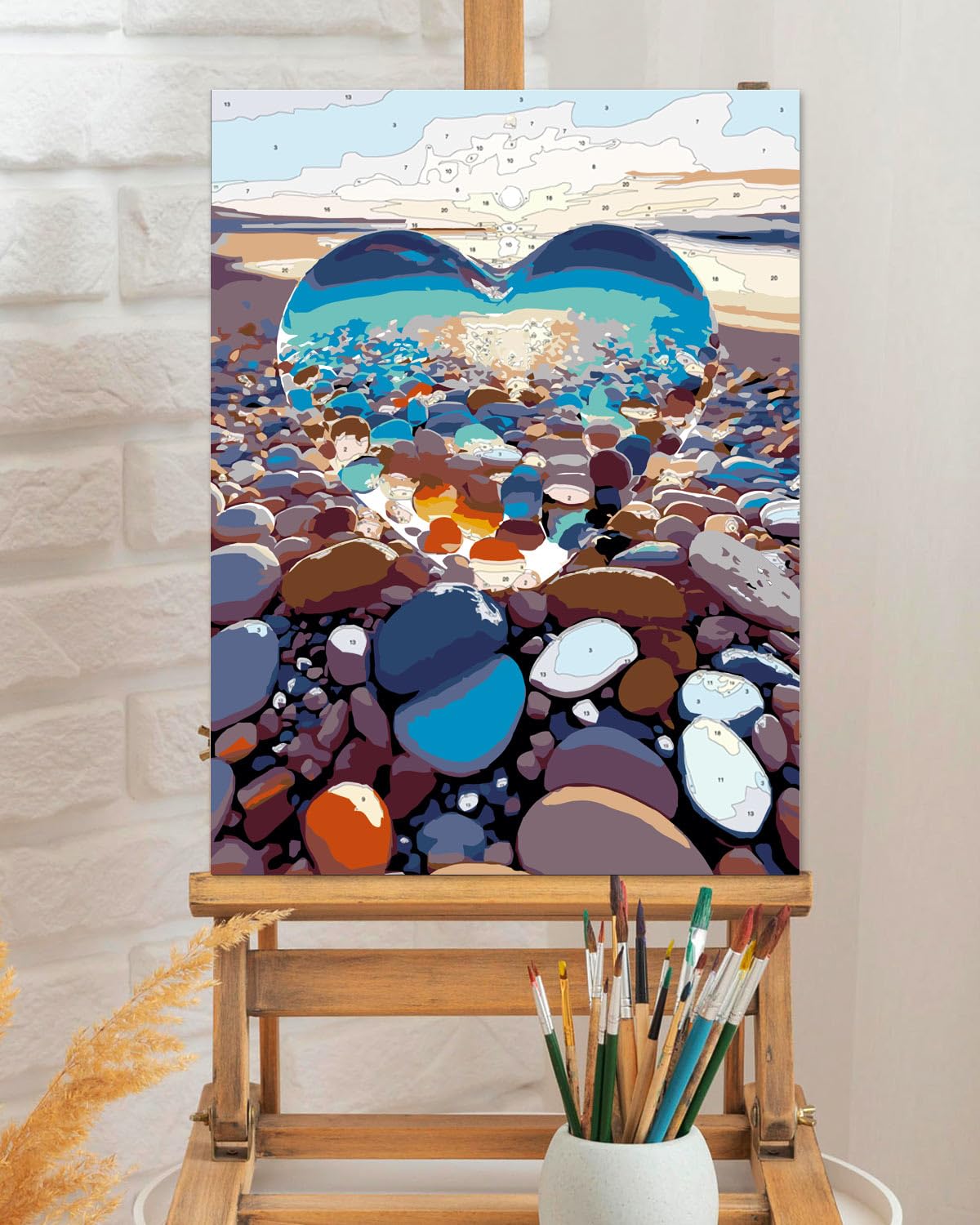 TOCARE Framed Paint by Numbers Kit for Adults, 12x16Inch Crystal Heart Beach Paint by Numbers Kit for Adults Framed,Beach Paint by Number Framed Canvas Nature (Without Easel) TOCARE