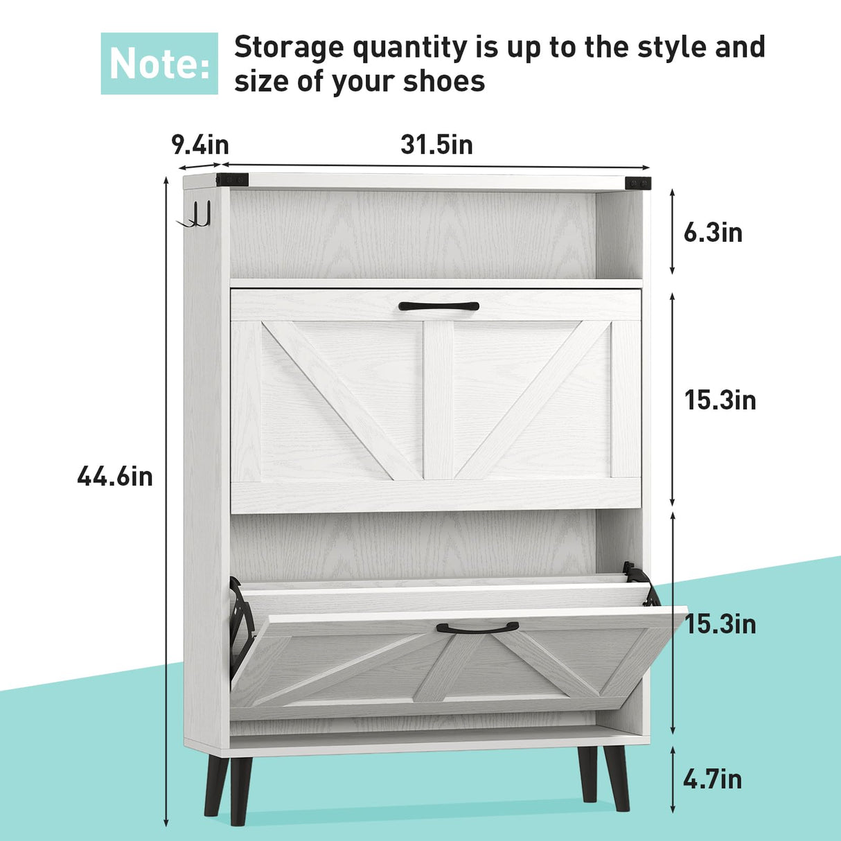 Vabches Shoe Storage Cabinet with 2 Flip Drawers,Freestanding Narrow Shoe Organizer with Open Storage,Hidden Slim Organizer Rack for Entryway,Hallway,White Vabches