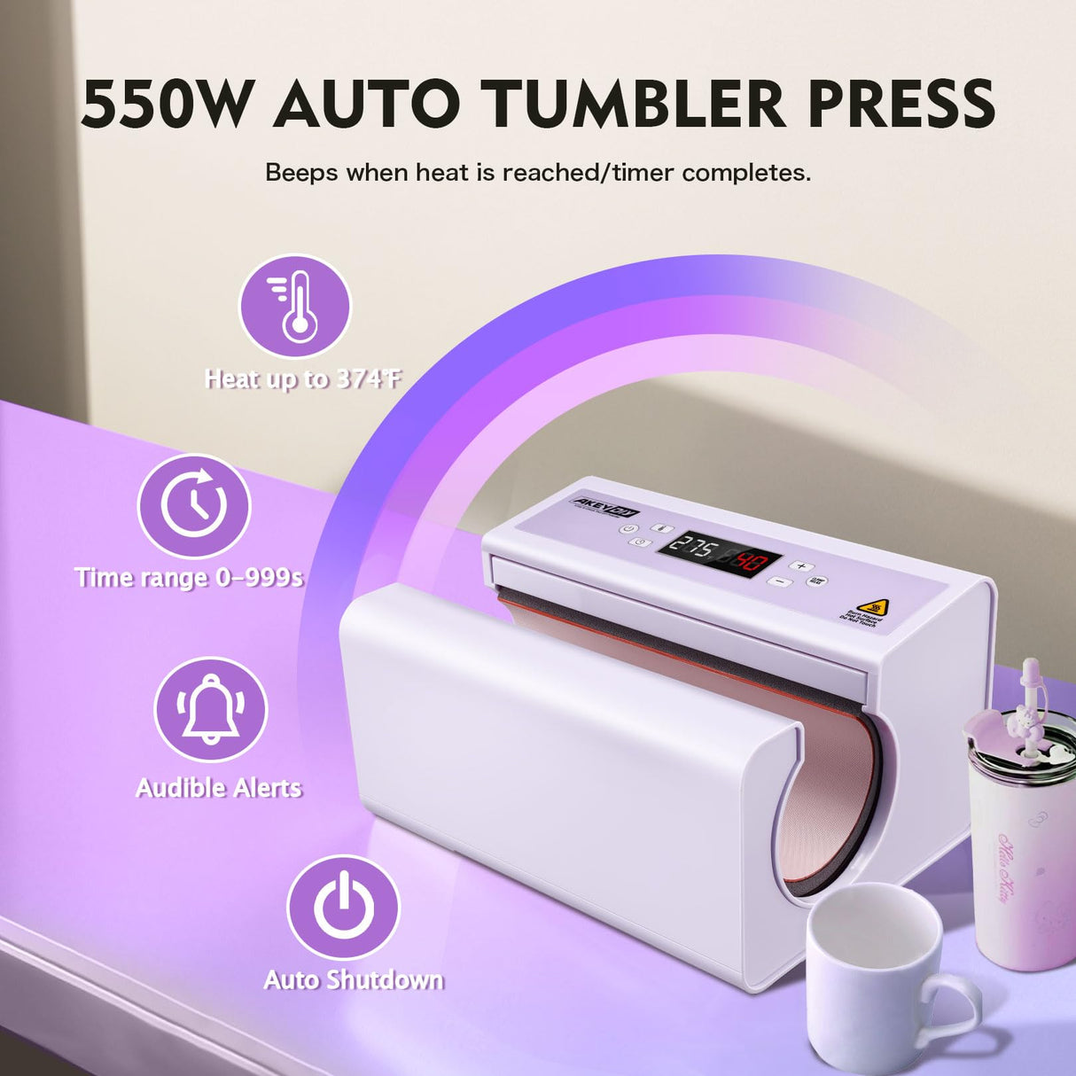 AKEYDIY Auto Tumbler Heat Press Machine 30OZ Mug Press Automatic Press & Release, Temp & Time Setting, Cup Transfer Machine for 11-30OZ Ceramic, Glass, w/Sublimation Papers, Heat Tape & Gloves AKEYDIY