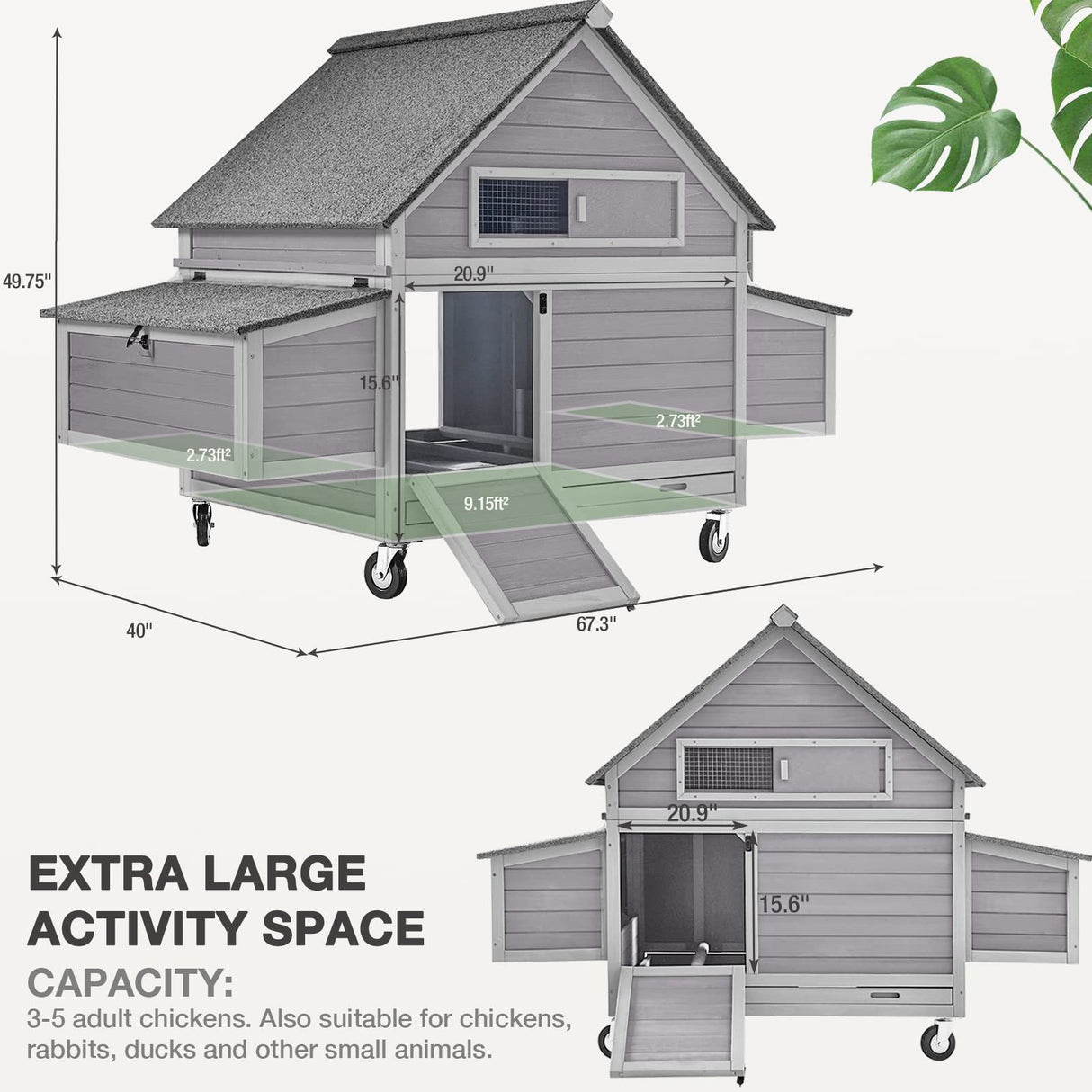 MEDEHOO Large Chicken Coop with Wheels, Expandable Chicken House for Outdoor with Two Nesting Box, Leakproof Pull-on Tray and UV-Resistant Roof Panel MEDEHOO