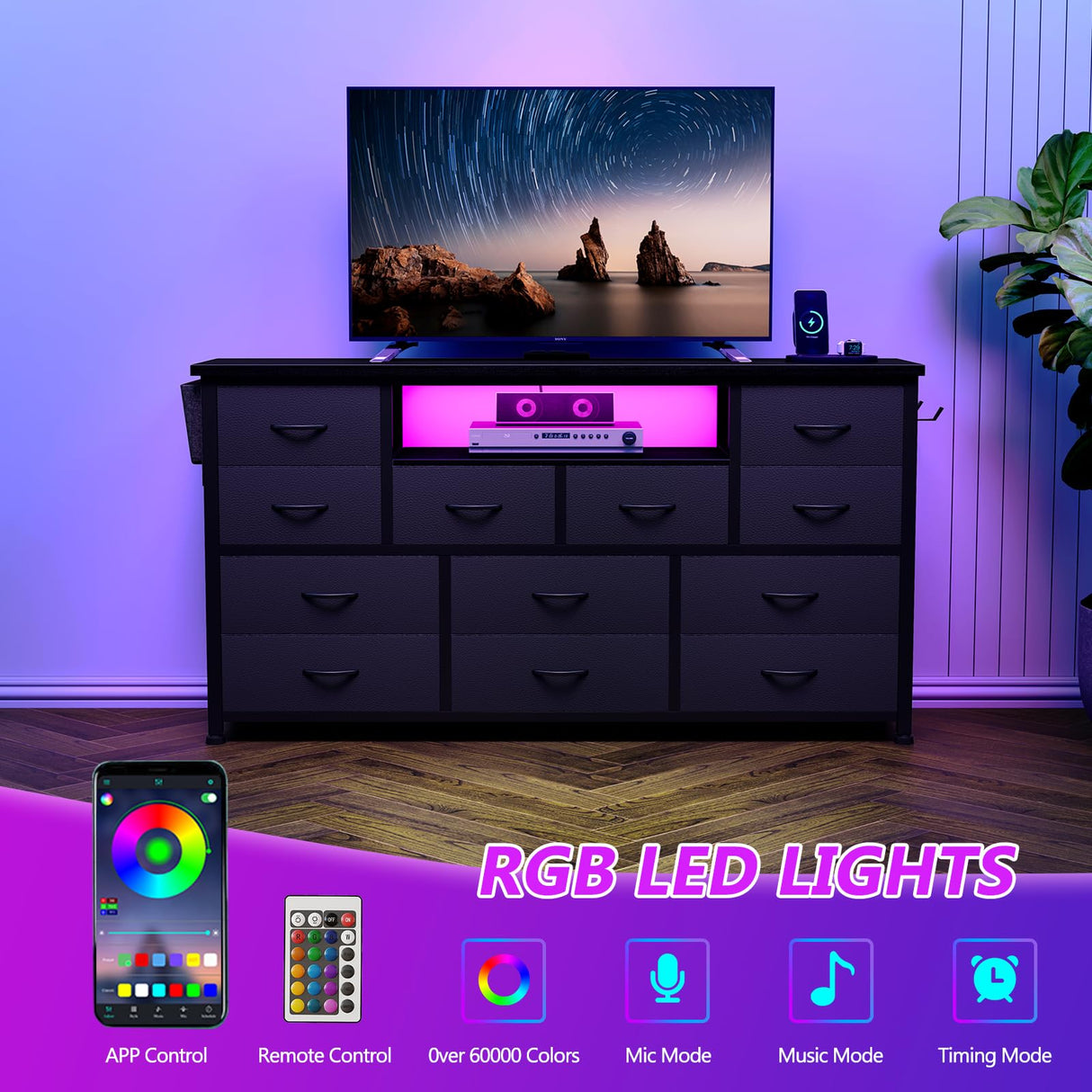 LIVEHOM Dresser TV Stand with Power Outlet & LED for 45'' TV, Long Dresser for Bedroom with 12 Drawers, Wide Console Table for Storage in Closet, Living Room, Entryway, Wood Top LIVEHOM