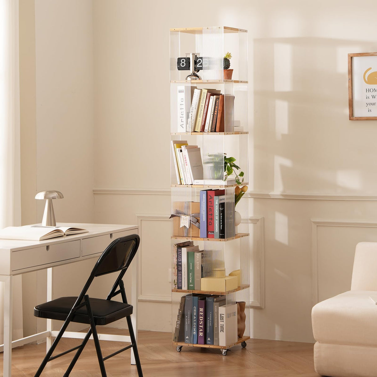 ZHUMUJIAJU 6-Tier Rotating Bookshelf- 360° Spinning Bookshelf Tower Kids, Tall Narrow Bookshelves with Wheels, Acrylic Clear Bookcase, Modern Storage Organizer for Home Office, Living Room, Bedroom ZHUMUJIAJU