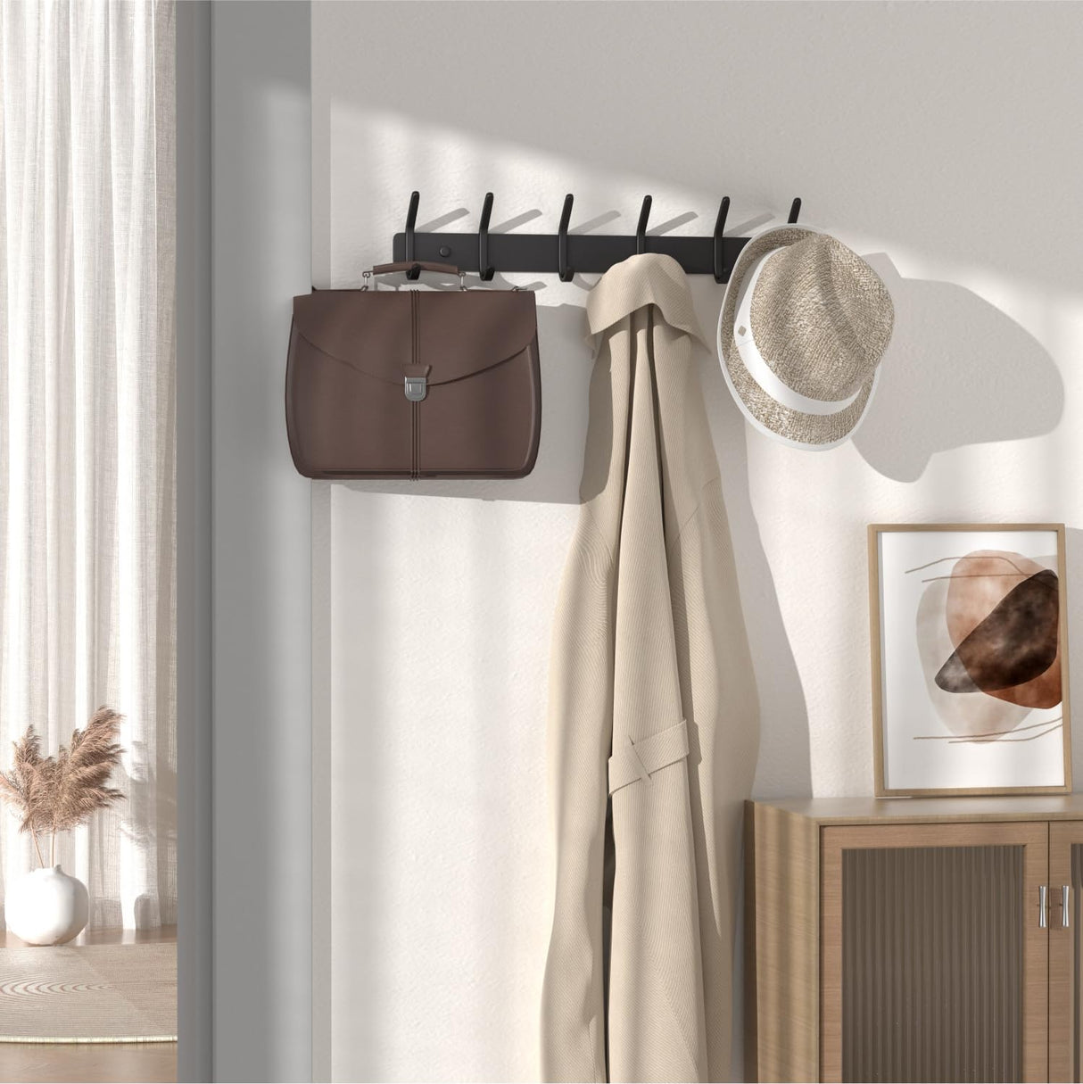 GWAAZXGZ Coat Rack Wall Mount Hooks - 15 Inch Black Hat Rack, Minimalist Design with 6 Hooks for Hanging Coats, Bags, and Towels in Entryway, Livingroom, Bedroom, Bathroom, and Kitchen, 1 Pack GWAAZXGZ